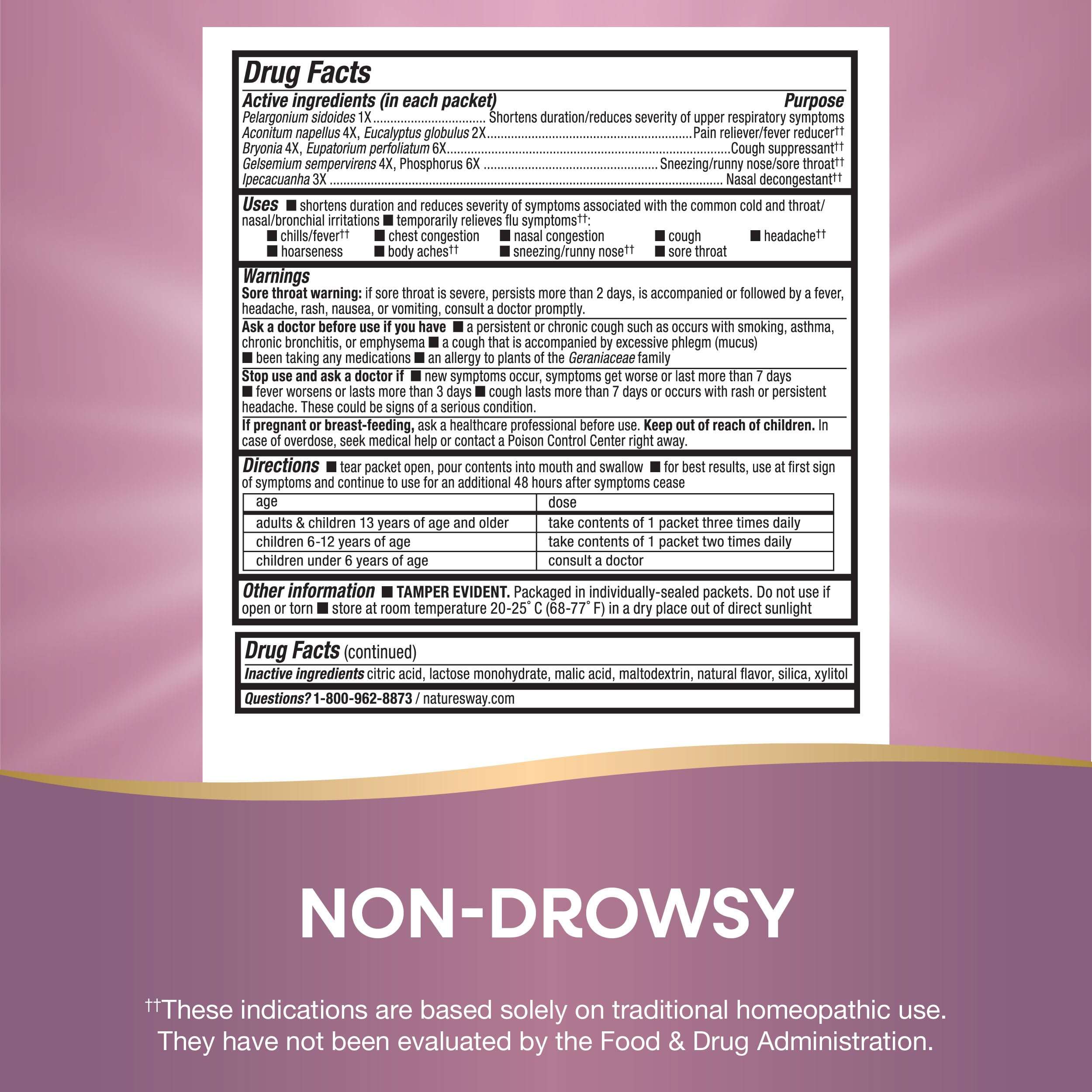 Nature's Way Cold + Flu Relief FastActives, Umcka, Homeopathic, Fever*, Sore Throat, Cough, Congestion, Phenylephrine Free, Non-Drowsy, Berry Flavored, 10 Packets (Packaging May Vary) - Image 5
