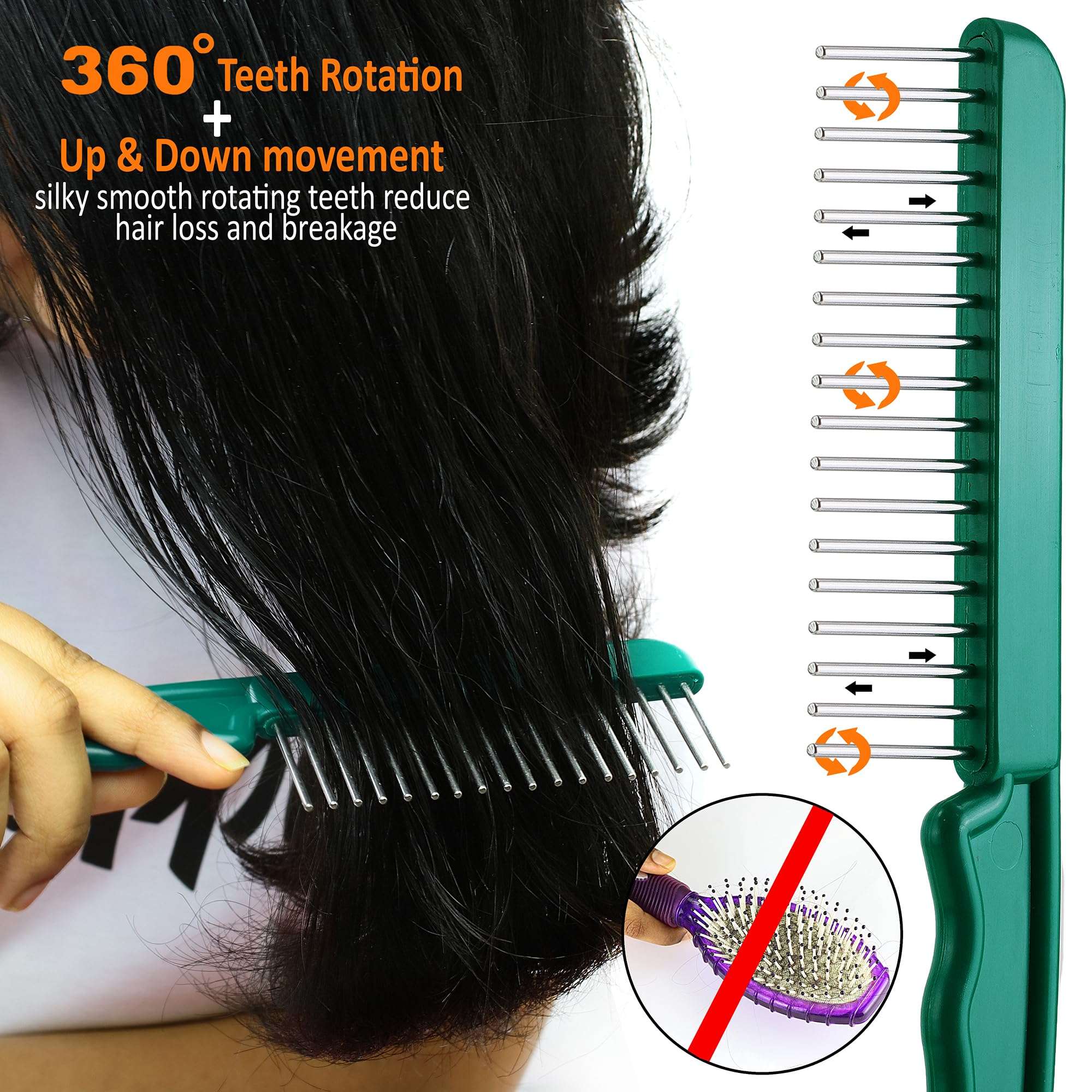 The Hair Doctor Extra Long Tooth Hair Comb 1 1/4 Inch with silky smooth rotating teeth reduces hair damage (Classic Black) - Image 4