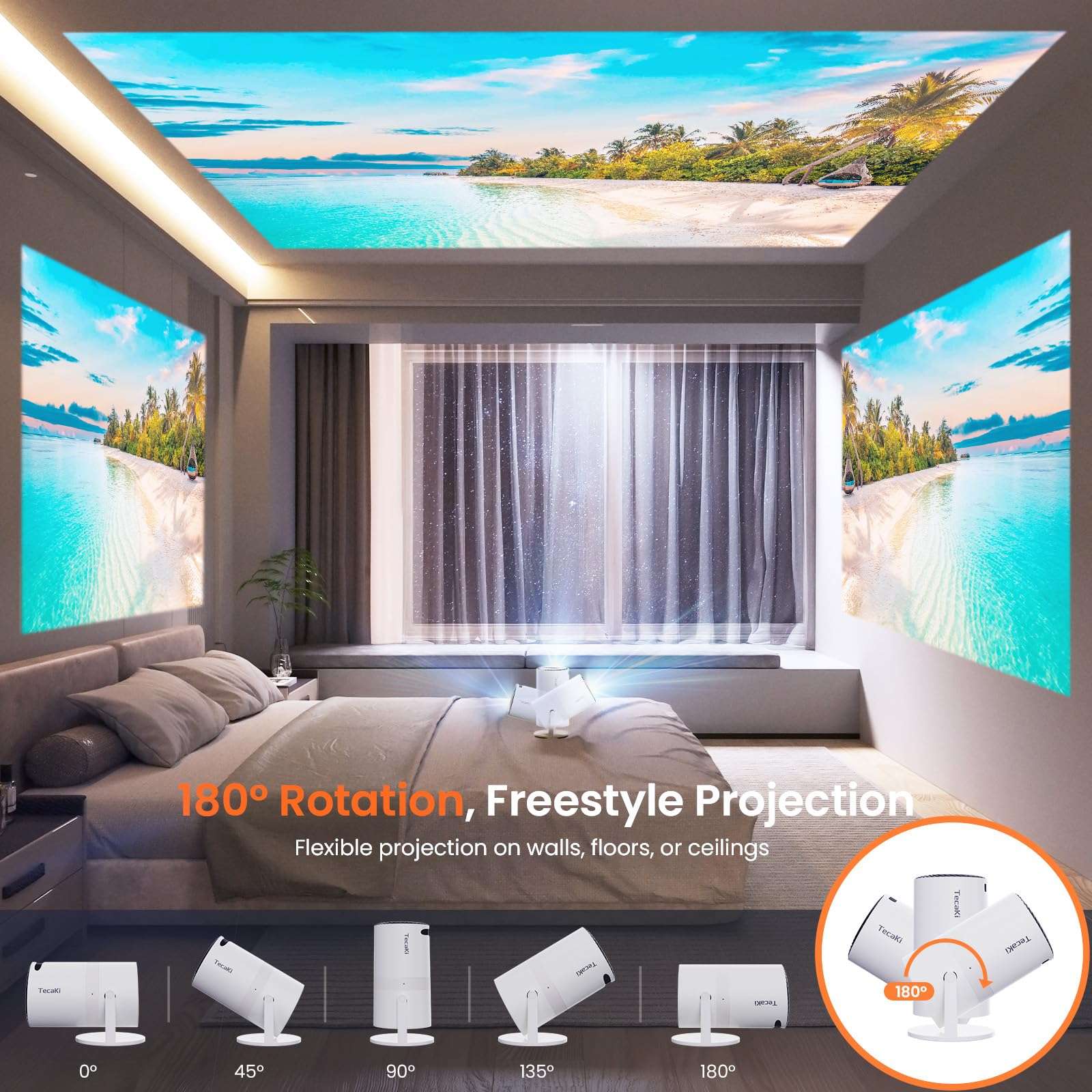 [Two-Way Bluetooth 5.2] Mini Portable Projector 1080P HD Multi-Angle Projection, Tecaki Smart Projector with 180°Rotatable Mount Auto Keystone Correction Long Lens Life (White2) - Image 3