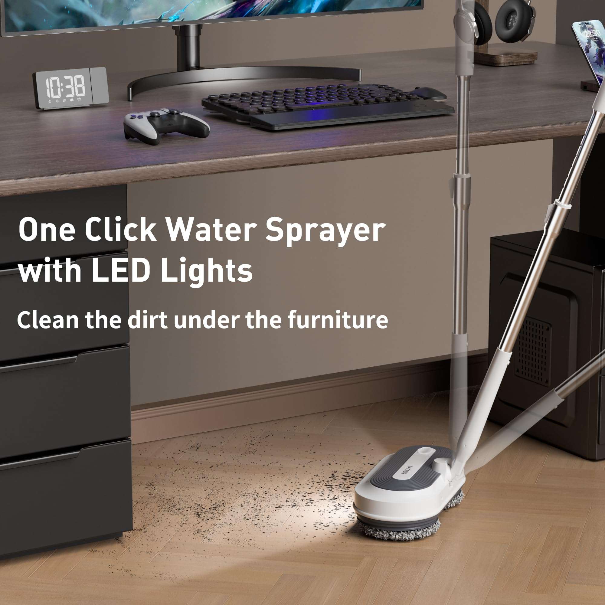 Cordless Electric Mop, Electric Spin Mop with Water Sprayer & LED Headlights, Up to 50mins Working Time, 290ml Water Tank, Self-Propelled Floor Cleaner with Adjustable Tube, Multi-Surfaces Floor Mop - Image 5