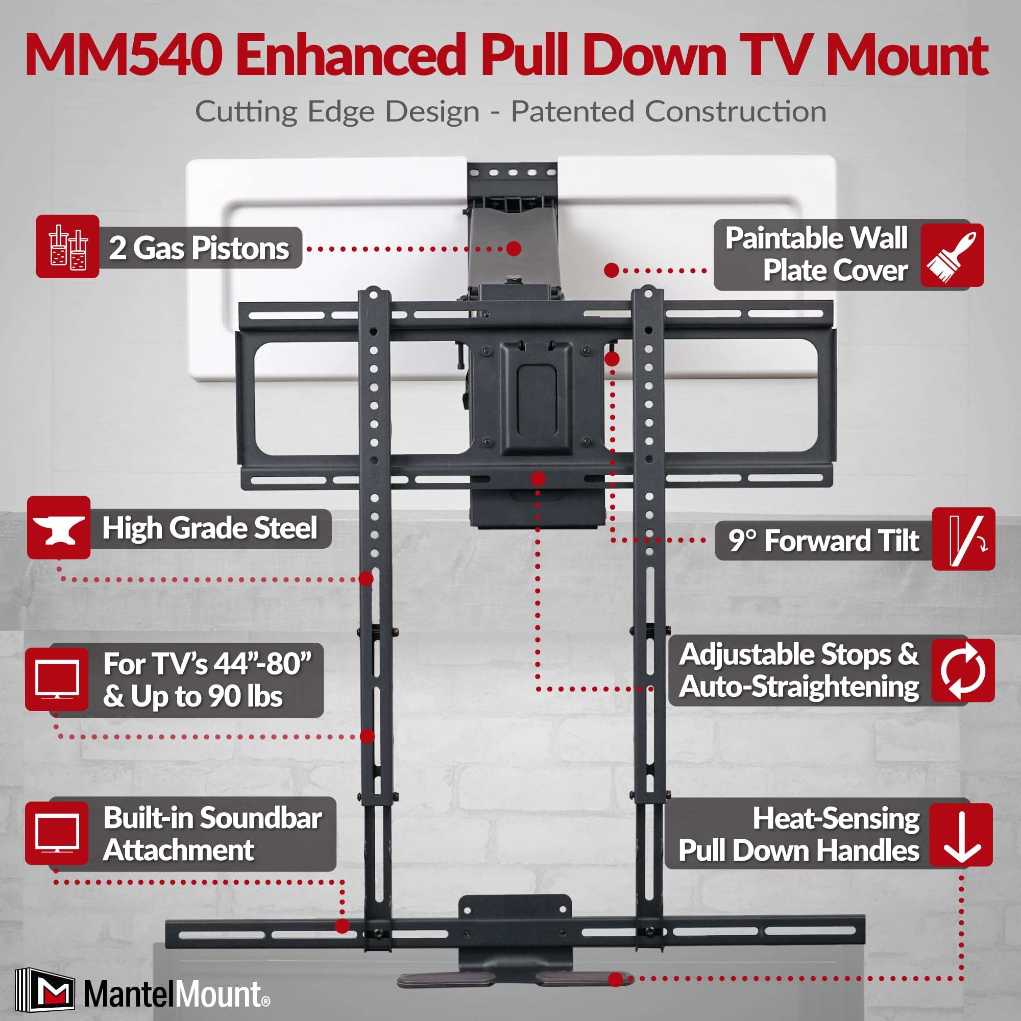 MantelMount MM540 - Above Fireplace Pull Down TV Mount for 40" to 80" Screen TVs to 90 lbs, with Patented auto-straightening, Adjustable Stops, Heat Sensor Handles & Paintable Covers - Image 3