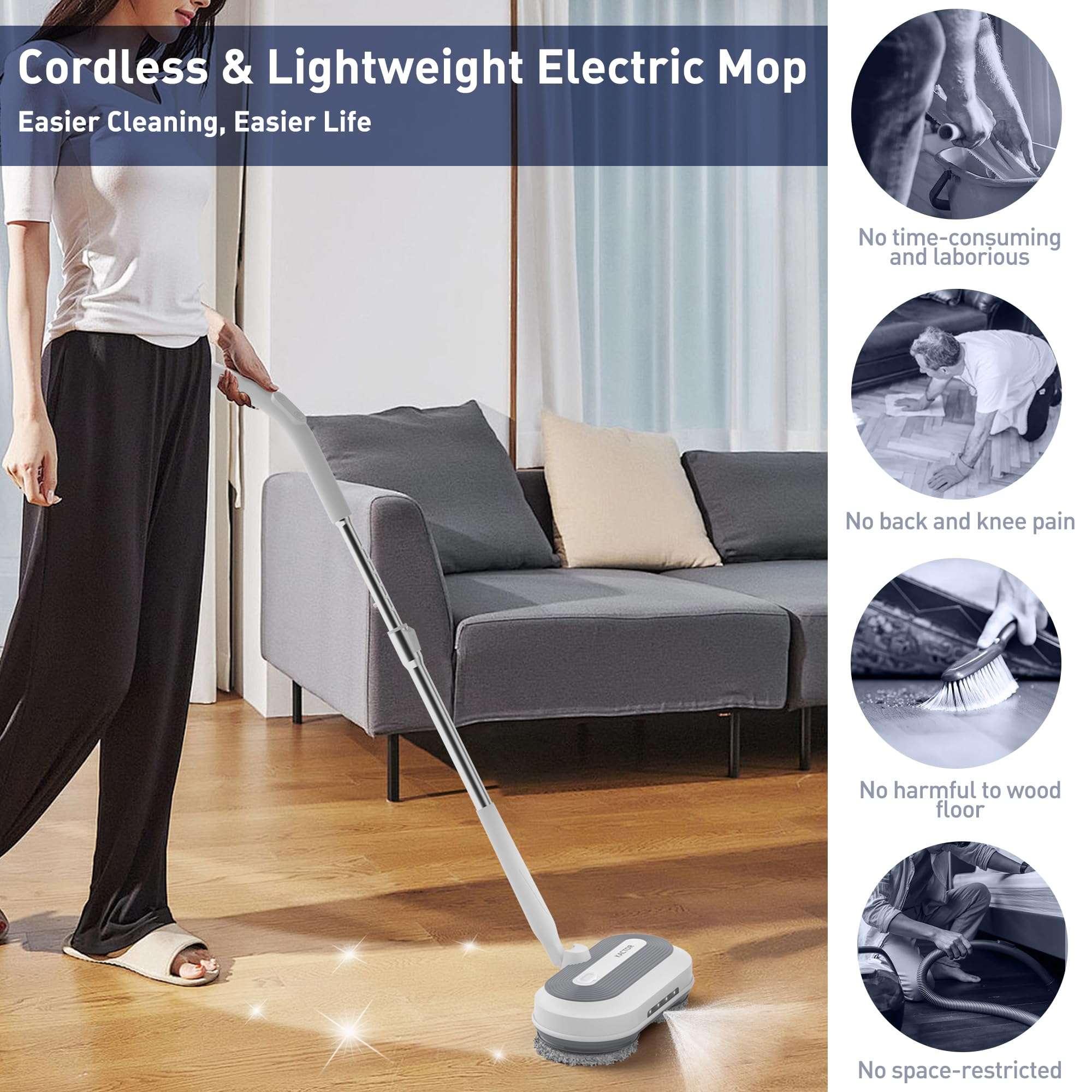 Cordless Electric Mop, Electric Spin Mop with Water Sprayer & LED Headlights, Up to 50mins Working Time, 290ml Water Tank, Self-Propelled Floor Cleaner with Adjustable Tube, Multi-Surfaces Floor Mop - Image 6