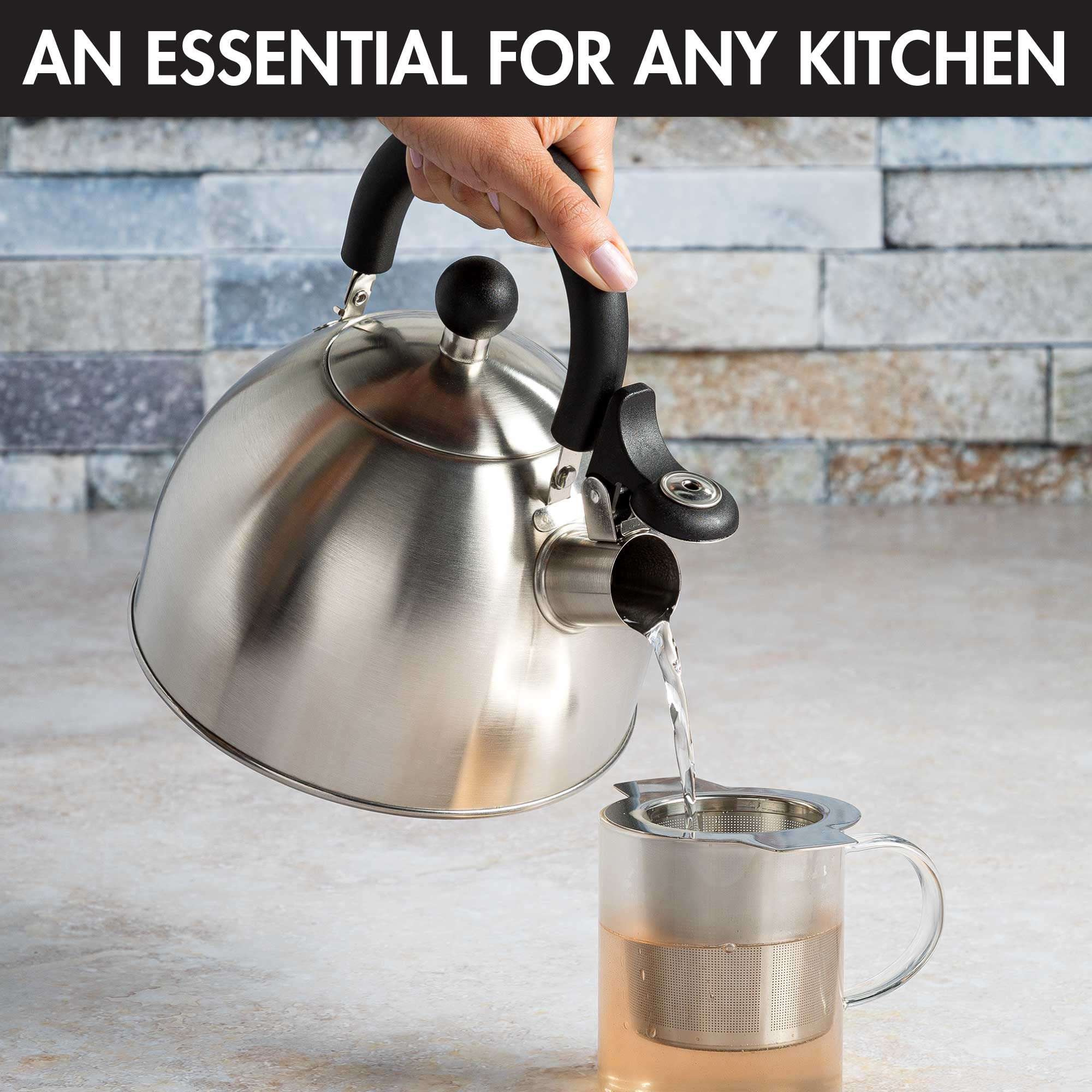 Primula Stewart Whistling Stovetop Tea Kettle Food Grade Stainless Steel, Hot Water Fast to Boil, Cool Touch Folding, 1.5-Quart, Brushed with Black Handle - Image 4