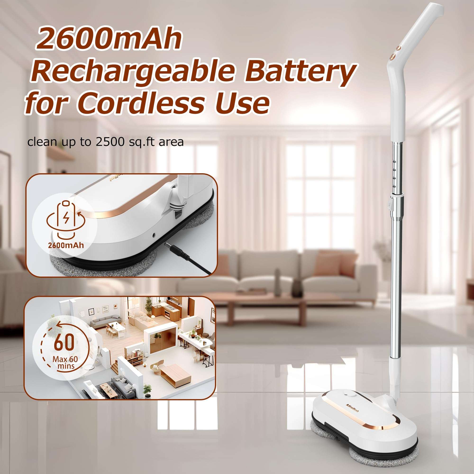 Electric Mop, AlfaBot S2 Cordless Spin Mop for Floor Cleaning, with LED Headlight and Sprayer/400ML Big Tank/60 Mins Runtime, Lightweight Floor Scrubber for Hardwood Floors, Tile, Laminate - Image 6