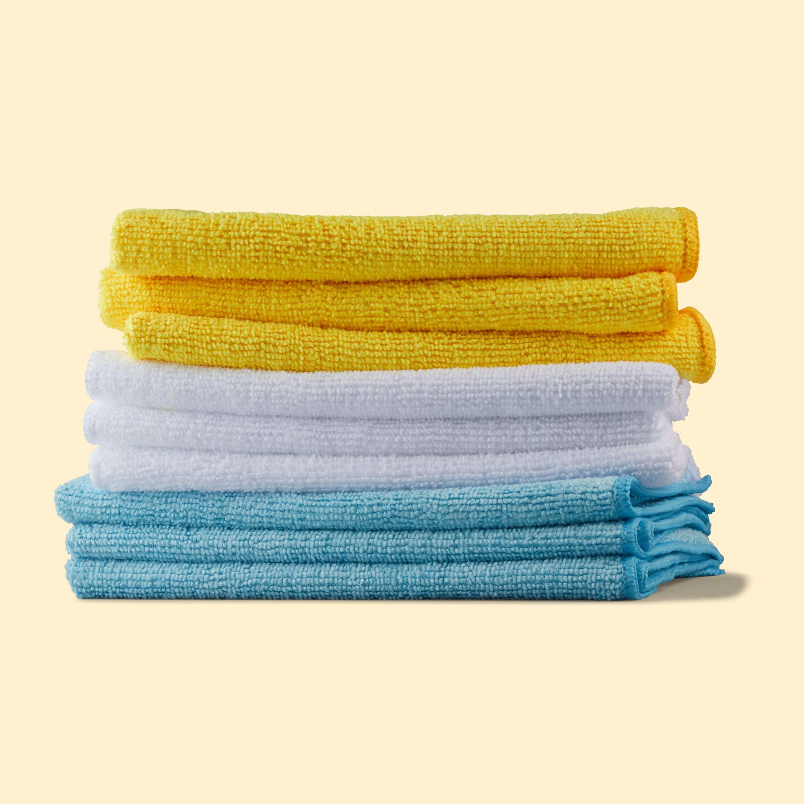 Amazon Basics Microfiber Cleaning Cloths for Cars, Non-Abrasive, Highly Absorbent, Lint and Scratch-Free, Reusable and Washable, 16" x 12", Blue/White/Yellow, 144-Pack - Image 8