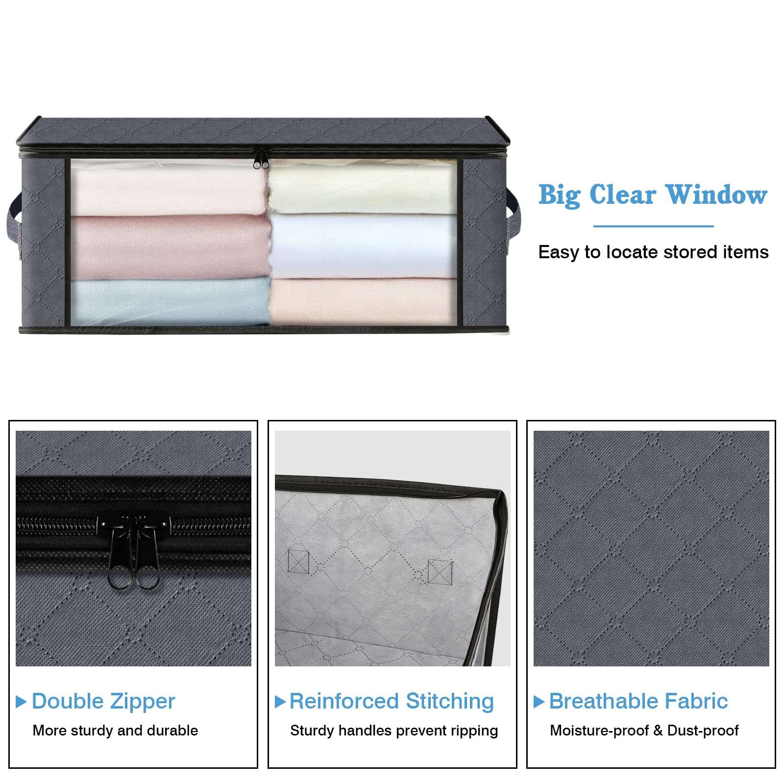 HomeHacks Storage 3-Pack Clothes Organizer Storage Bags Foldable Storage Box with Large Clear Window Sturdy Handles for Closet, Dorm, Pillows, Bedding, Clothes, Blankets, 35L, Gray - Image 4