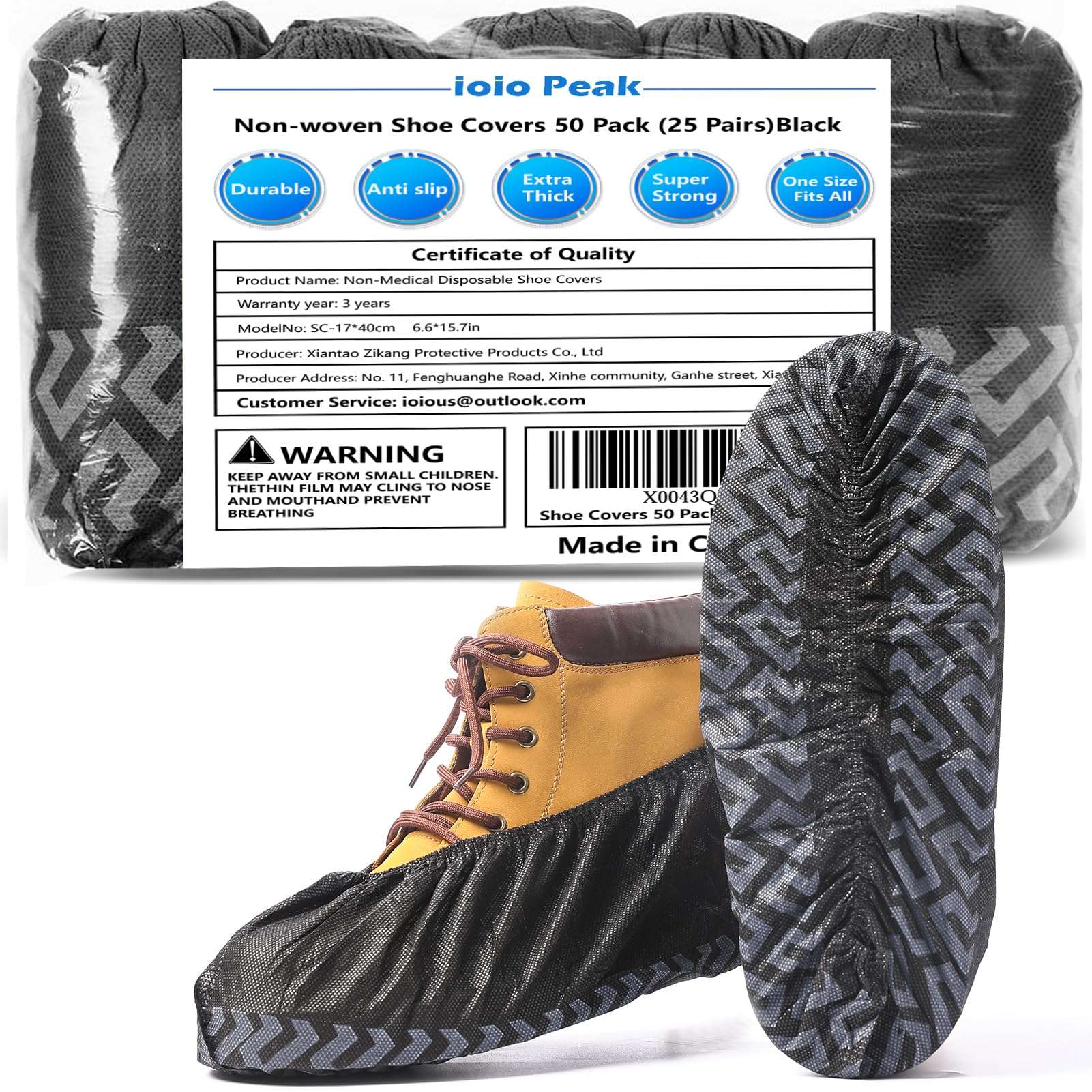 ioiopeak Shoe Covers Disposable 50 Pack (25 Pairs) - Durable, Non-Slip, Water Resistant, and Recyclable Boot Covers for Indoor and Outdoor Use - One Size Fits Most (Non-woven-Black) - Image 1