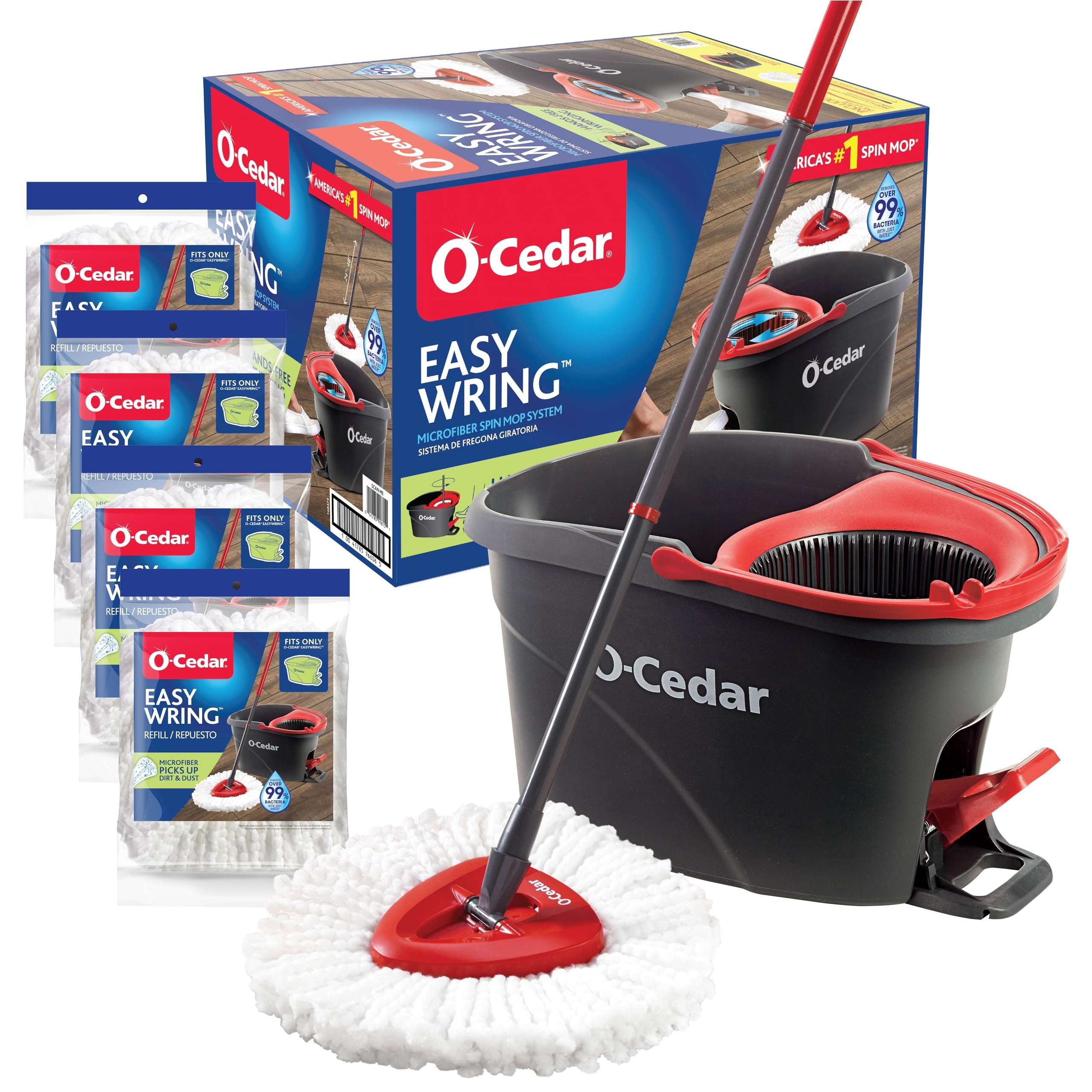 O-Cedar Easywring Microfiber Spin Mop & Bucket Floor Cleaning System with 4 Extra Refills - Image 1