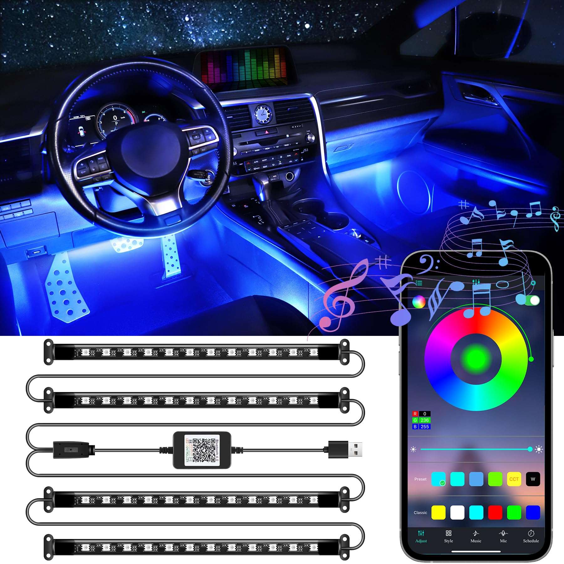 LivTee Accent Interior Car Lights, Smart Car Interior Lights with App Control, RGB LED Lights with Music Mode and DIY Mode, 2 Lines Design LED Lights for Cars with Charger, Car Accessories for Women - Image 1