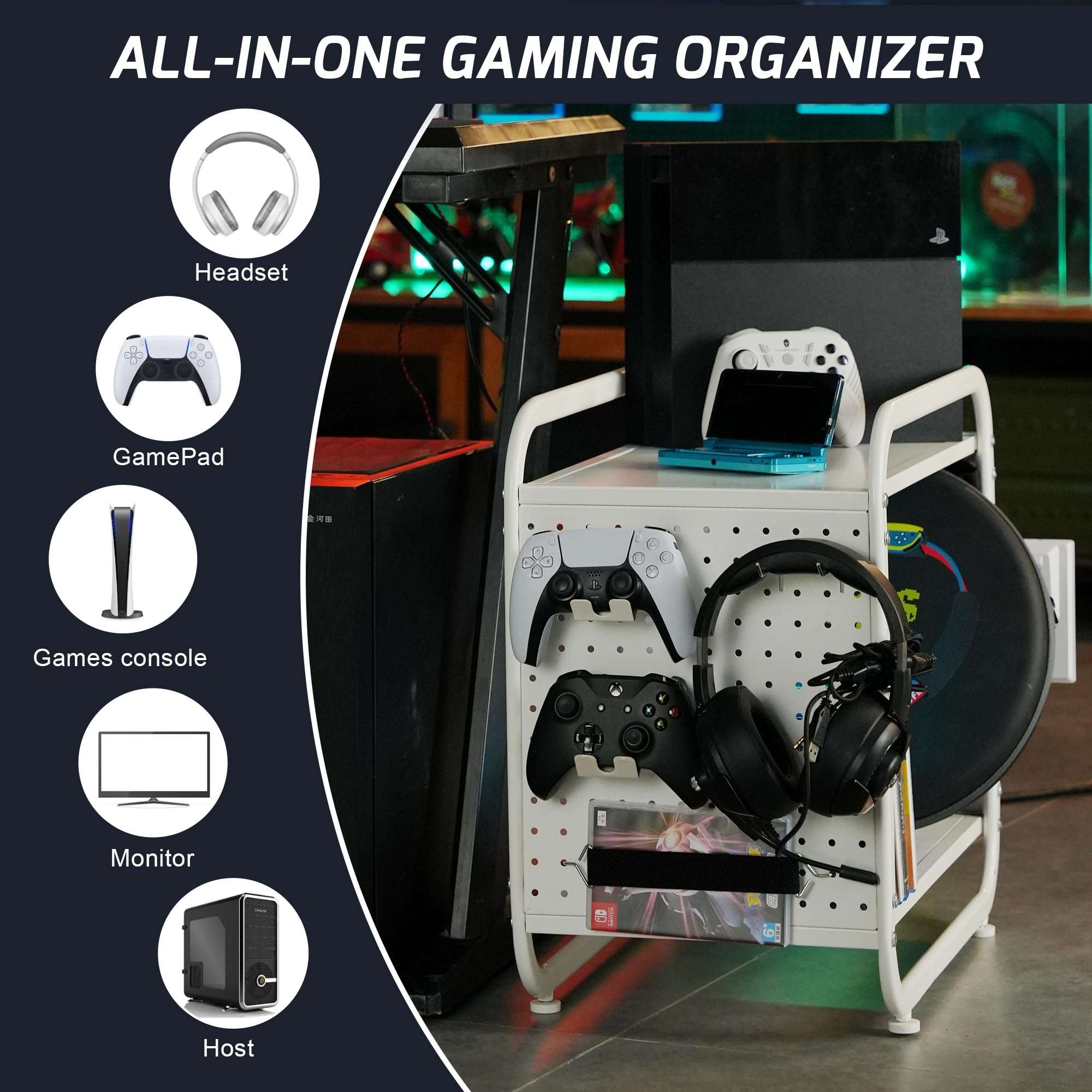 PLKOW Compact Video Game Storage Organizer, Xbox Stand Organizer for Consoles, Controllers, Headphones Xbox/PS5/PS4/Switch Accessories, Video Game Storage Rack, Black - A Great Gift for Gamers (White) - Image 4