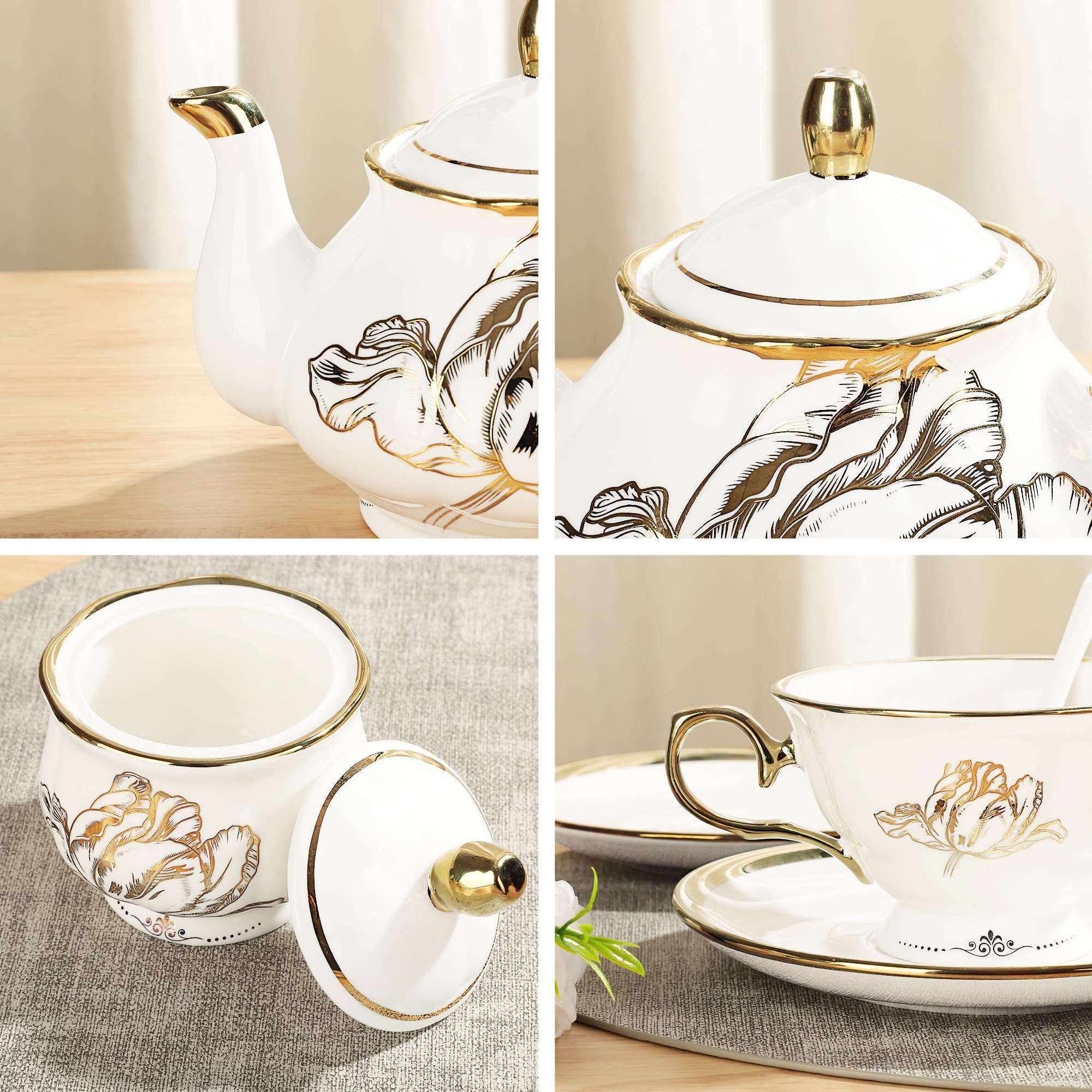 fanquare British Porcelain Tea Coffee Set 22 Piece New Bone China Gold Tulip Tea Service for Afternoon Tea, 6 TeaCup and Saucers with Metal Holder for Home Wedding Birthday - Image 4