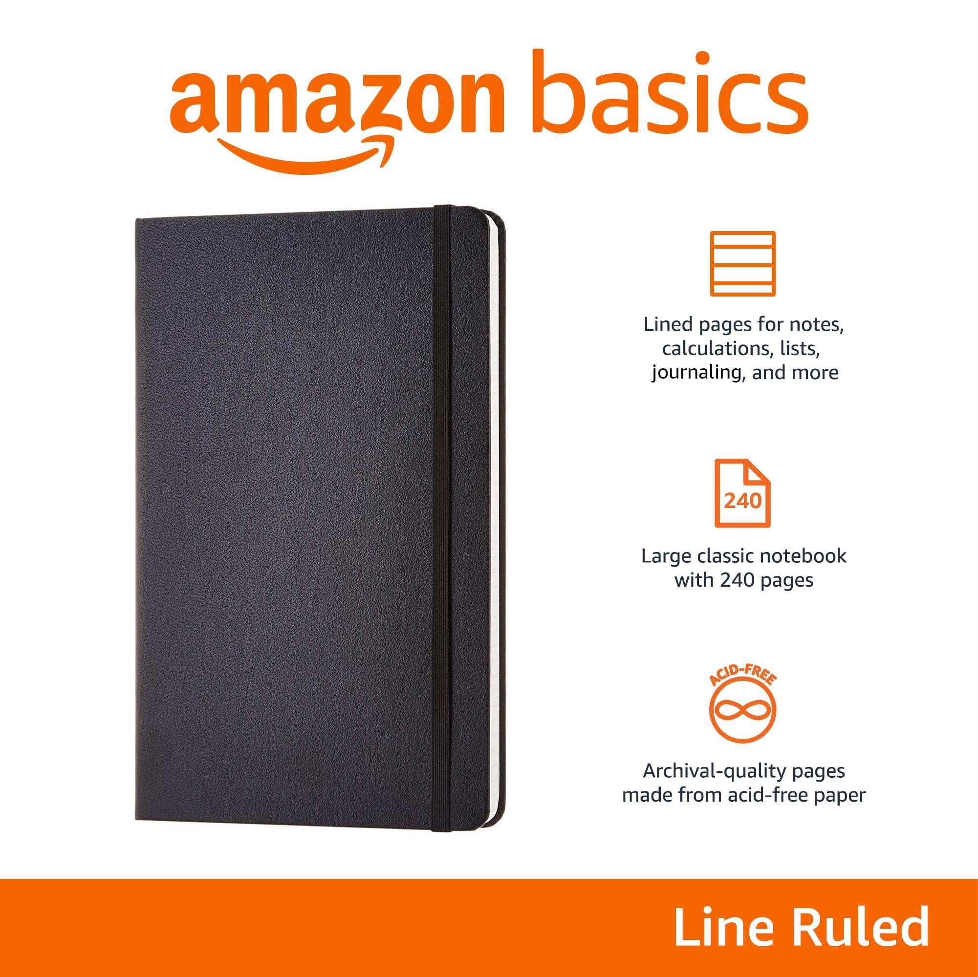 Amazon Basics Classic Lined Notebook, 240 Pages Hardcover, 5 x 8.25-Inch, Black - Image 4