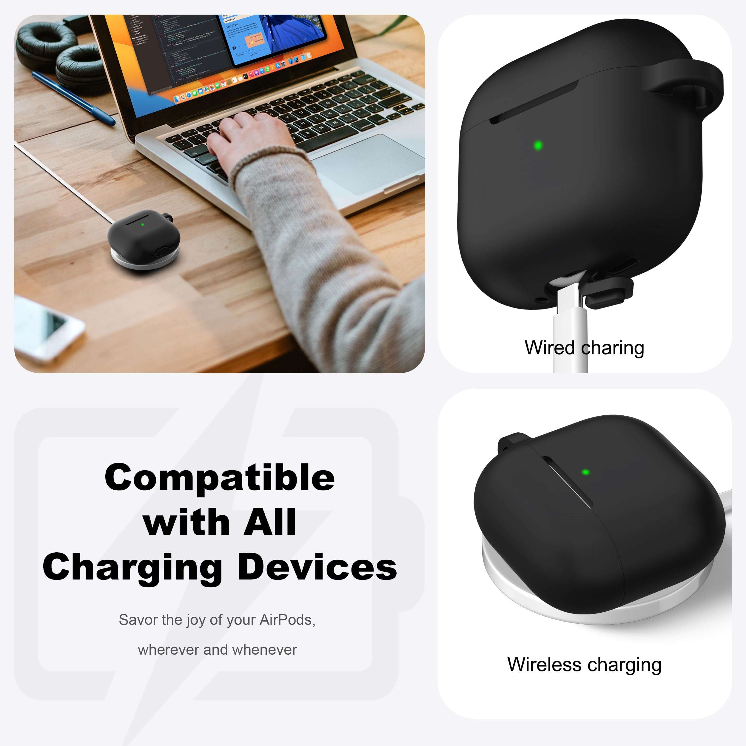 R-fun for AirPods 4 Case with Cleaner Kit,Full Protective Soft Skin Silicone Cover with Keychain for AirPods 4 Gen Case for Men Women,Compatible with Apple AirPods 4th Genaration case 2024,Black - Image 3