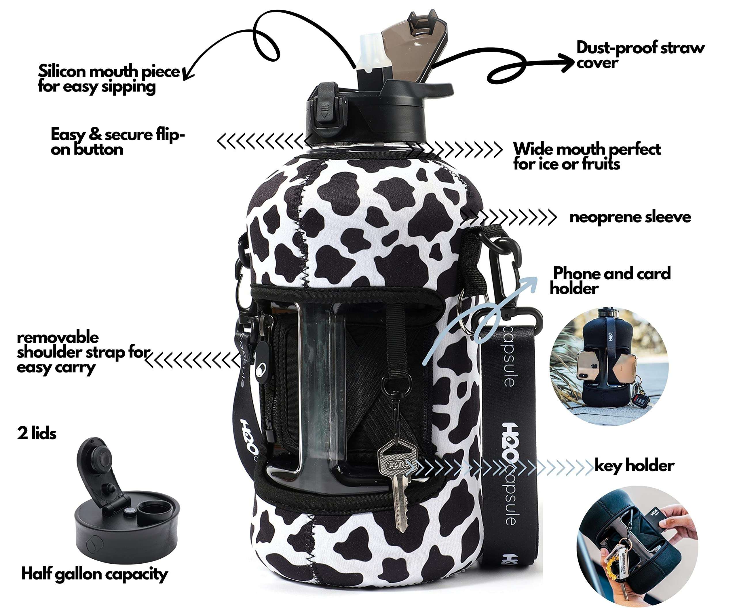 H2O Capsule 2.2L Half Gallon Water Bottle with Storage Sleeve and Covered Straw Lid – BPA Free Large Reusable Drink Container with Handle - Big Sports Jug, 2.2 Liter (74 Ounce) - Image 2
