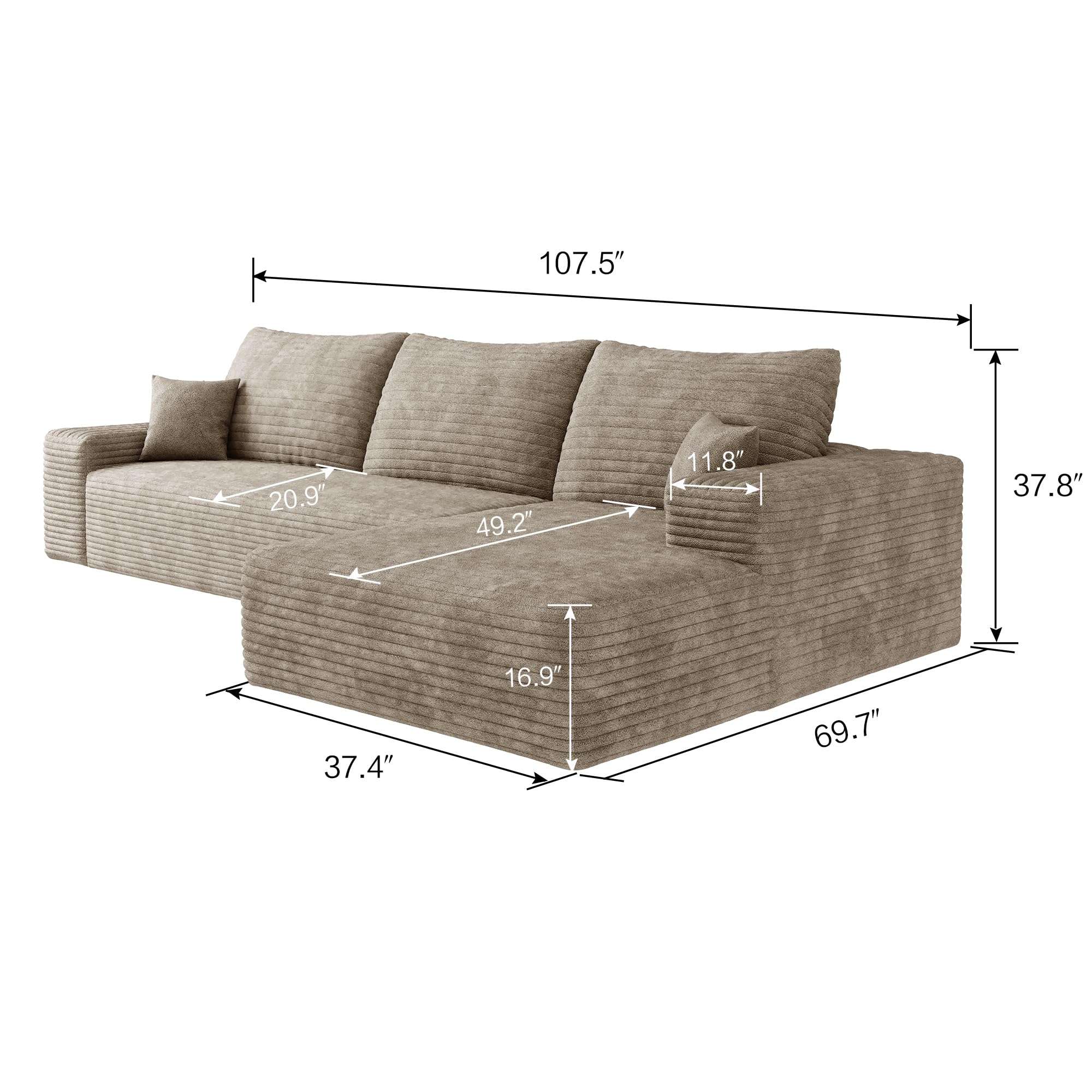 107 inch Cloud Sectional Couch Boneless Sofa in a Box for Living Room, Foam Floor Modular Sectional Sofa w/Deep Seat, Fluffy Corduroy Upholstered Couch with L-Shaped Chaise - Image 2