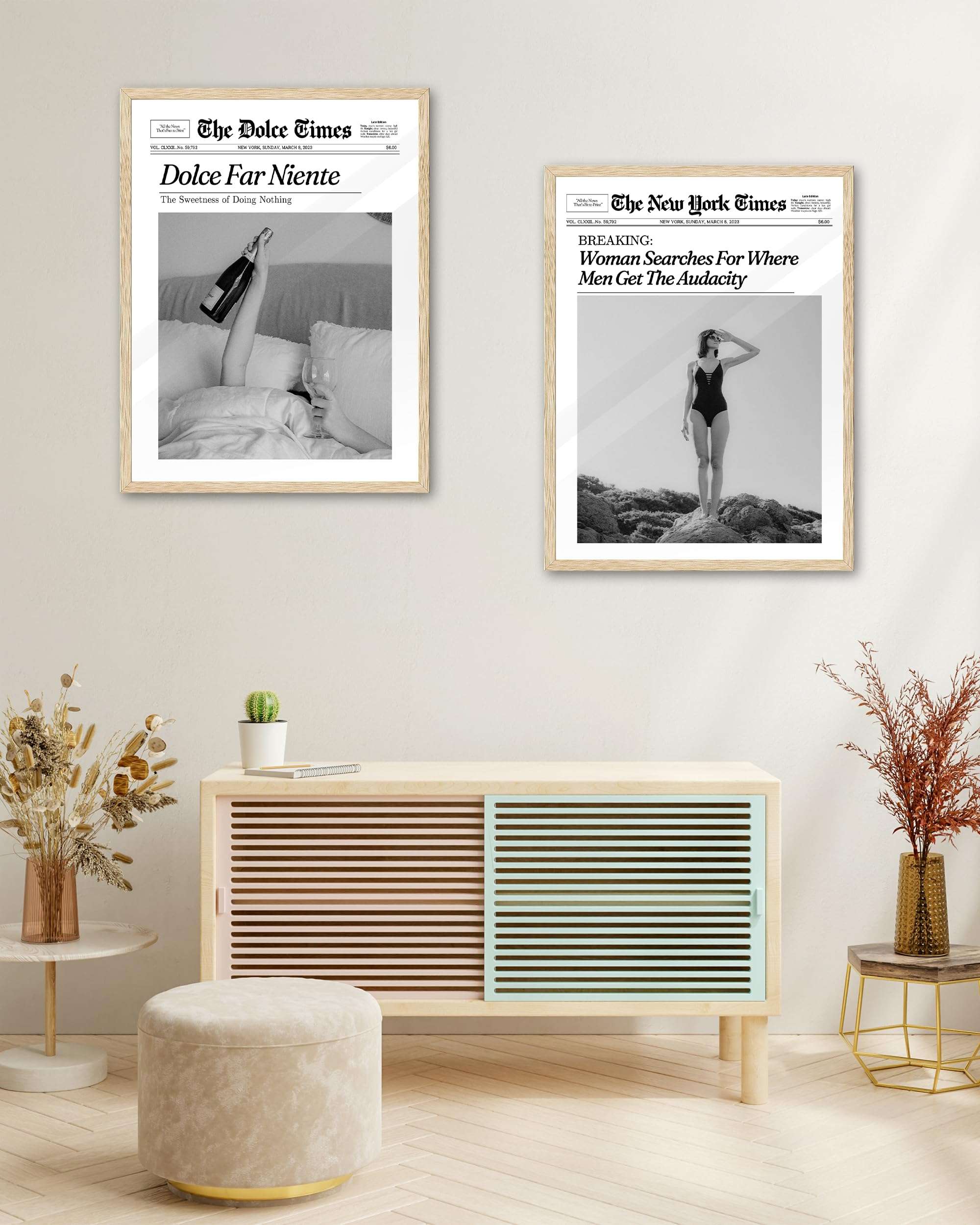 iHery Natural OAK Wood Framed Trendy NewsPaper Wall Art,12x16in Canvas Wall Art,Retro Vintage Magazine Headline News,Woman Searches For Where Men Get The Audacity,Dorm Bedroom Home Décor 1Pack - Image 8