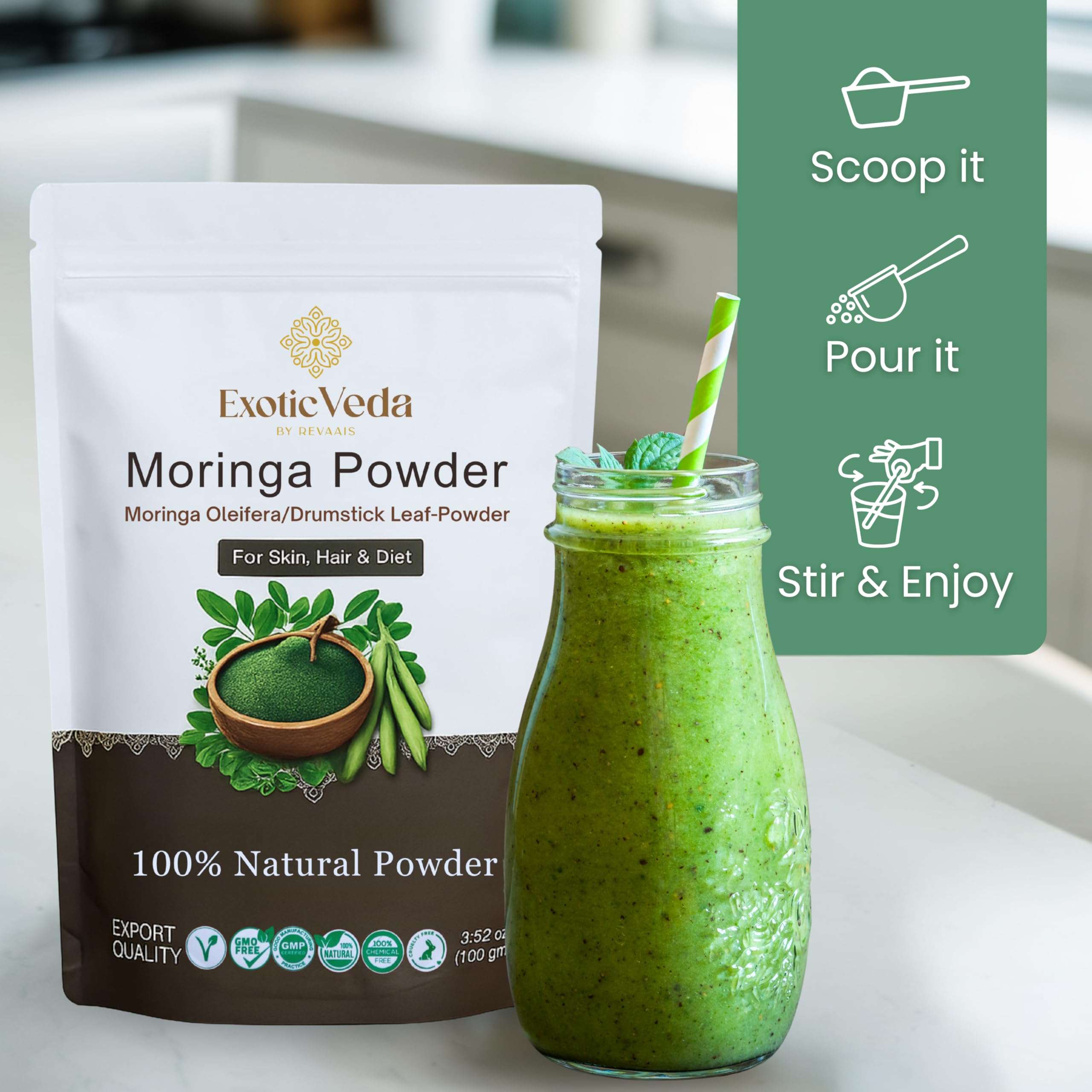 Exotic Veda Moringa Powder 100g (3.52oz) | 100% Pure & Natural Superfood | Nutrient-Rich, Antioxidant-Packed | Vegan & Gluten-Free | for Smoothies, Teas, Soups & Daily Wellness - Image 6