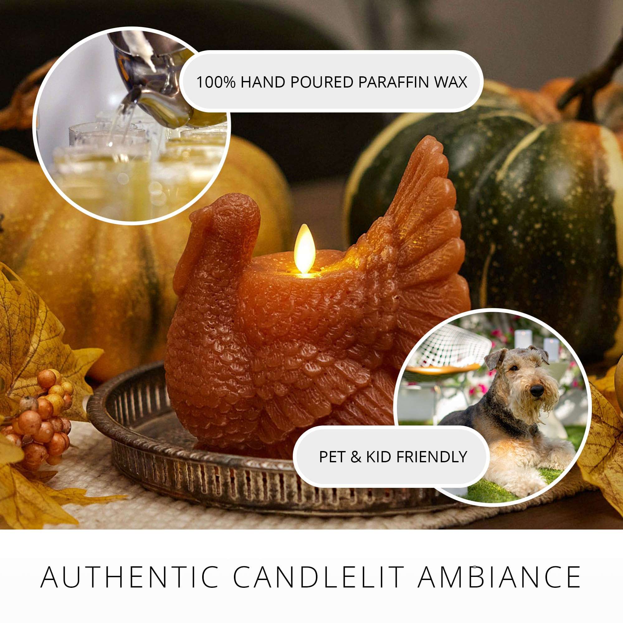 Luminara Flameless Fall Harvest Decor - Turkey Figural LED Candle Natural Color, Adobe, 5.3" x 7.5" Real Wax Moving Flame Battery Operated w/Timer - Image 5