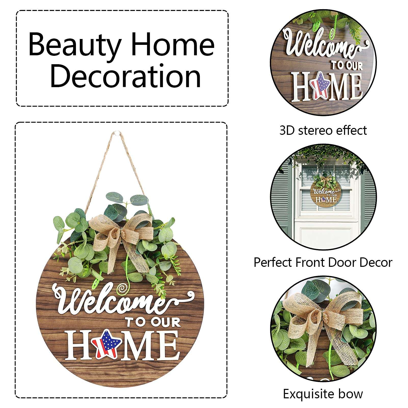 Interchangeable Seasonal Welcome Sign Front Door Decoration, Rustic Round Wood Wreaths Wall Hanging Outdoor, Farmhouse, Porch, for Spring Summer Fall All Seasons Holiday Halloween Christmas. - Image 4