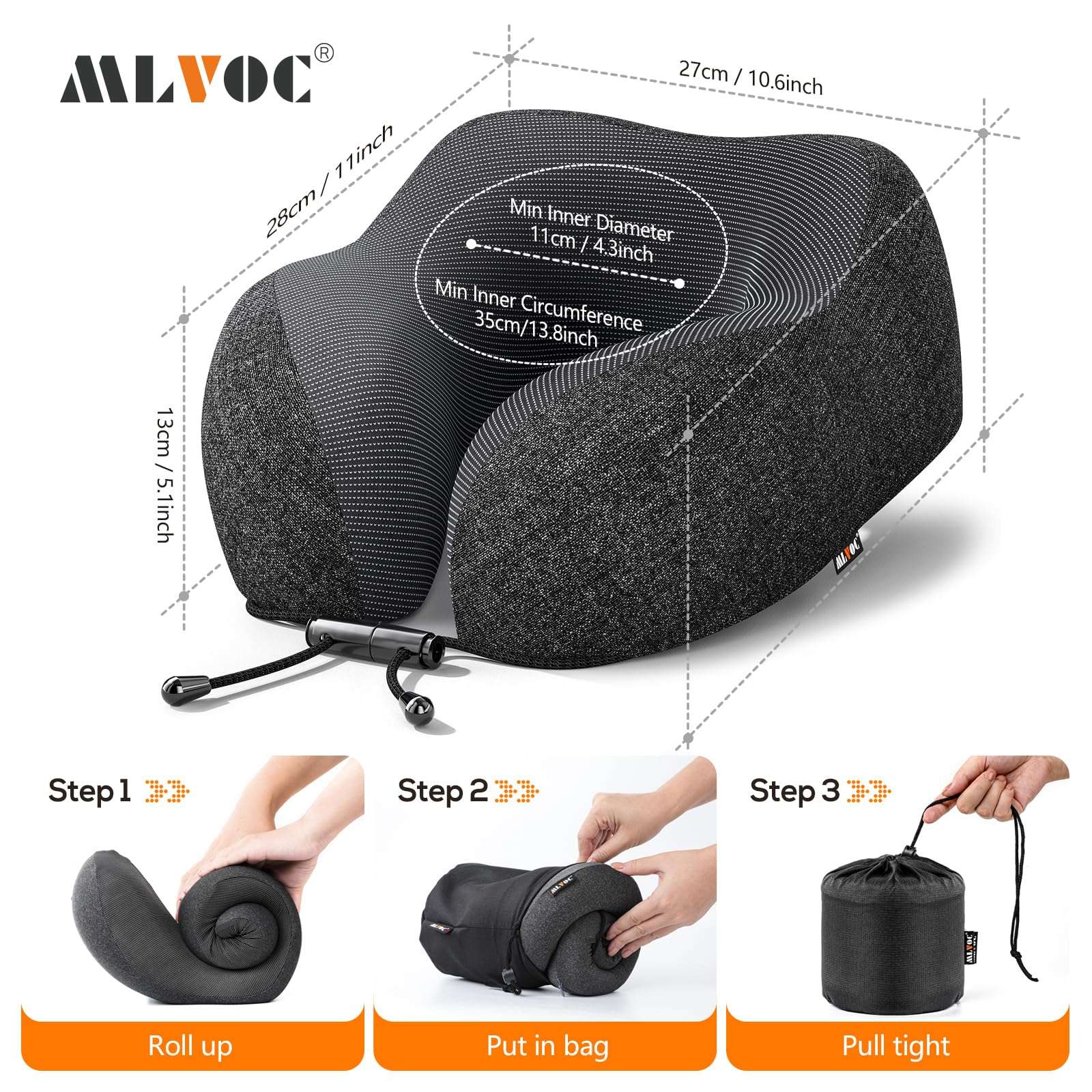 MLVOC Travel Pillow 100% Pure Memory Foam Neck Pillow, Comfortable & Breathable Cover, Machine Washable, Airplane Travel Kit with 3D Contoured Eye Masks, Earplugs, and Luxury Bag, Standard (Black) - Image 2