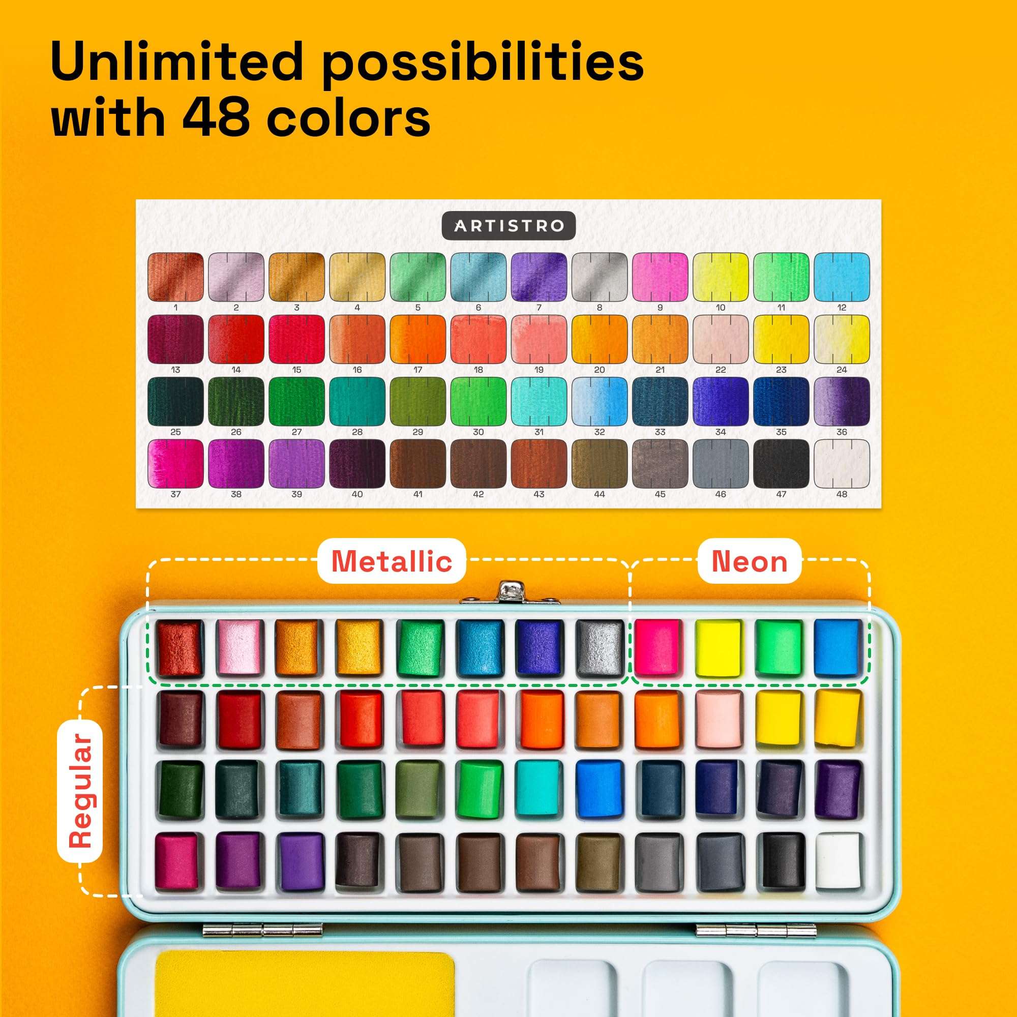 ARTISTRO Watercolor Paint Set Portable, Palette Set with Metallic Colors for Workbooks - Mini Travel Painting Kit for Artists, Professionals, Adults, Kids, Girls&Boys - Art Supplies, Christmas Gift - Image 3