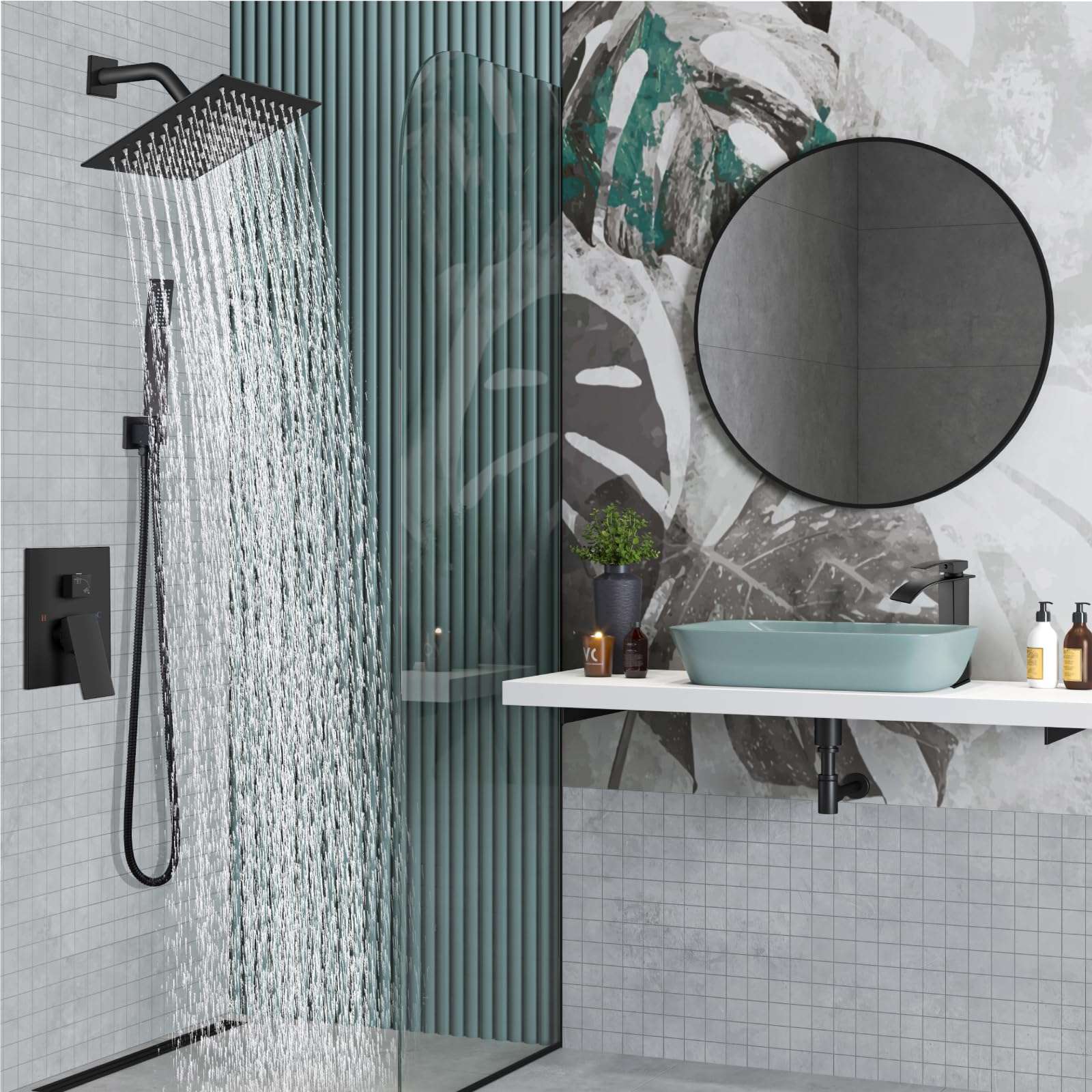 Midanya Shower Faucet Set,Wall Mount Shower System with Square Rain Shower Head and Hand Sprayer, Rough-in Valve Body and Trim Kit Included,8 Inch,Matte Black - Image 2
