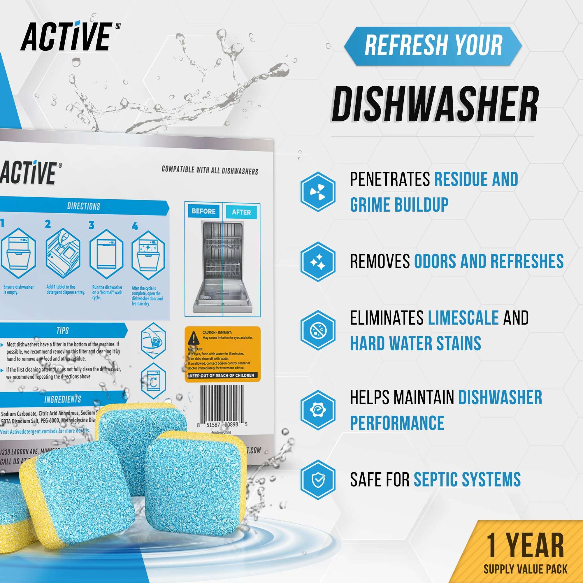 Dishwasher Cleaner And Deodorizer Tablets - 24 Pack Deep Cleaning Descaler Pods for Dish Washer Machine, Heavy Duty, Septic Safe, Natural Limescale Remover, Calcium, Odor, Smell - 12 Month Supply - Image 2