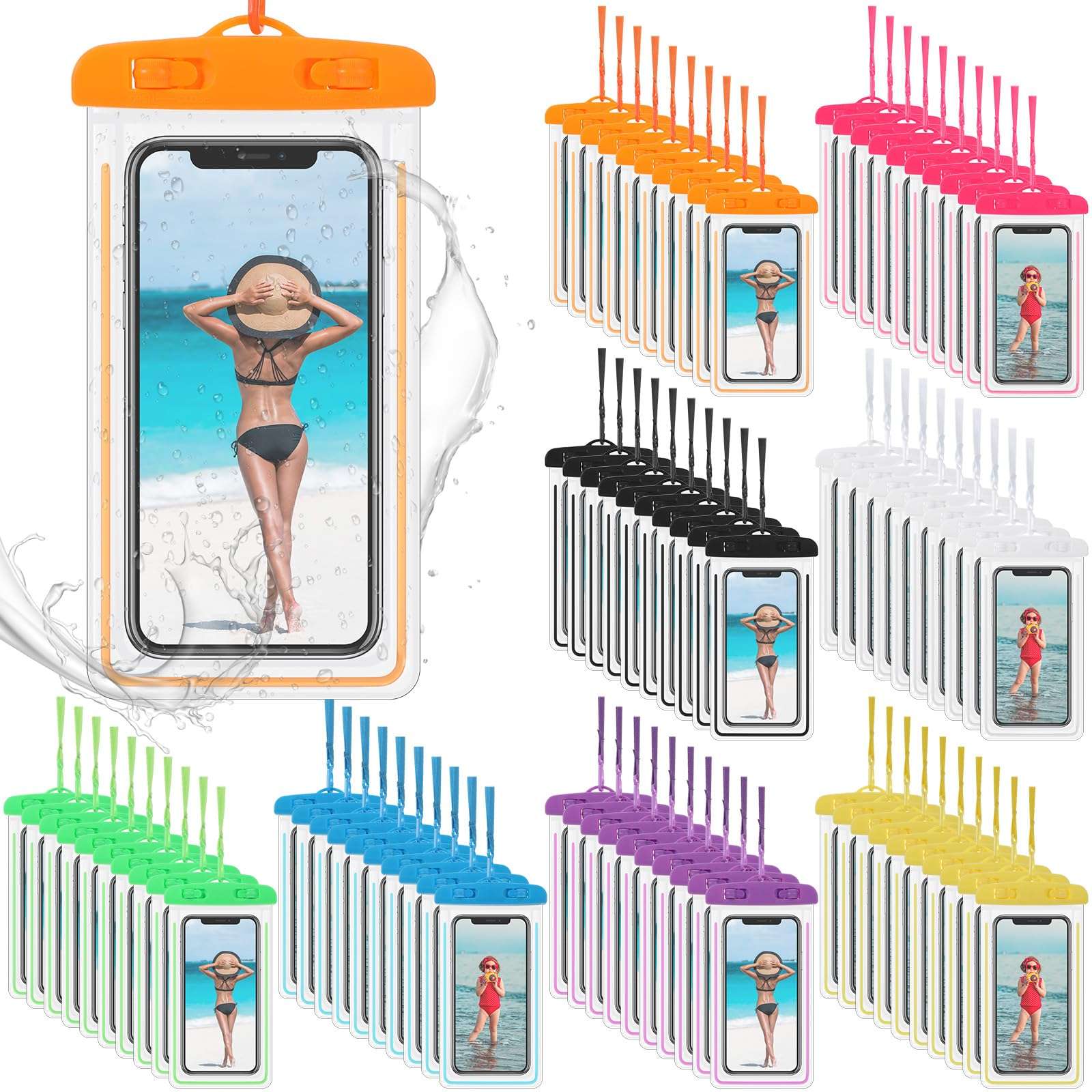 Abbylike 80 Pcs Universal Waterproof Phone Pouch, Multicolor | Dry Bag with Lanyard | Glow in The Dark | For Outdoor Swimming & Snorkeling | Beach Travel Must Haves | For Smartphones up to 7" - Image 1