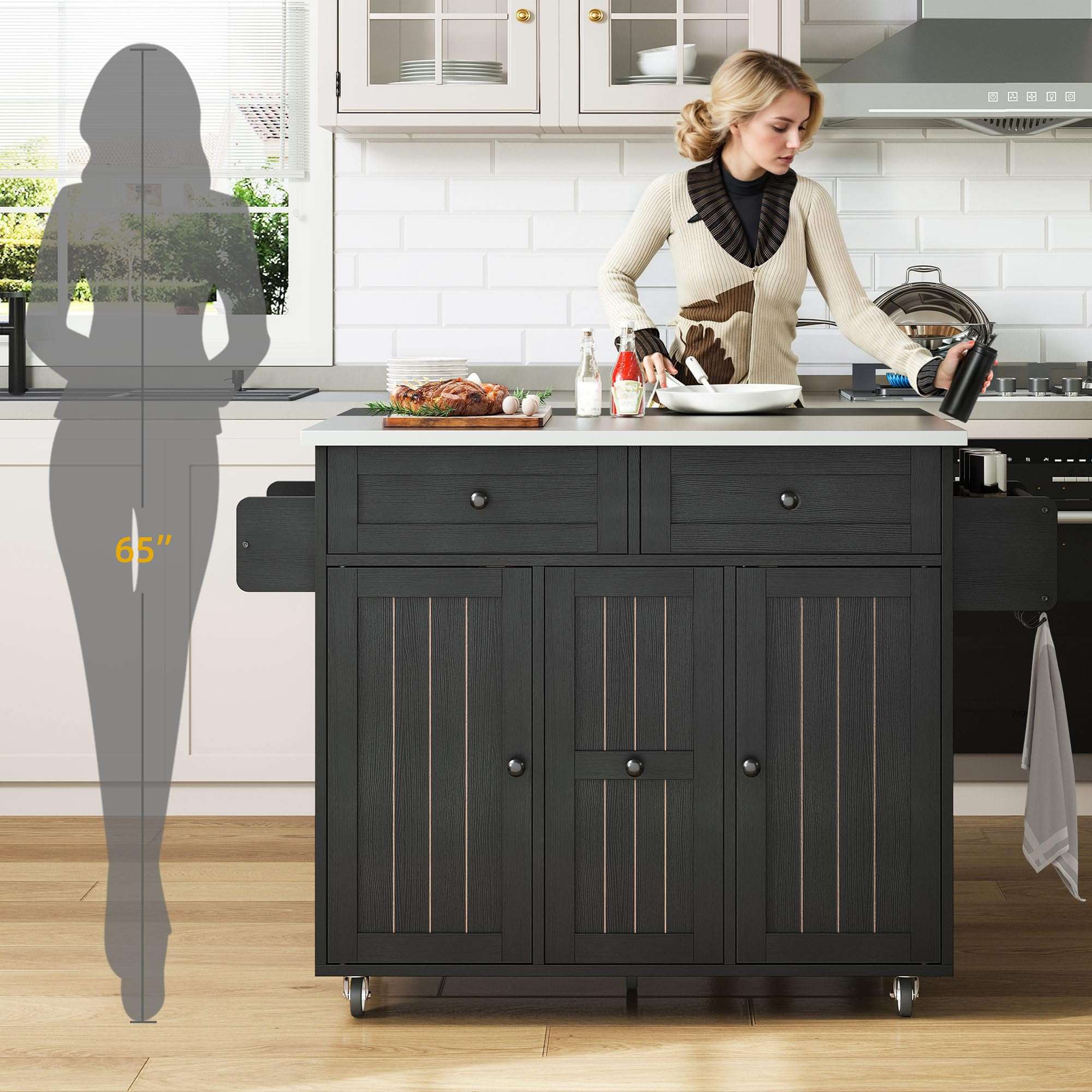 DWVO Kitchen Island on Wheels, Mobile Kitchen Island Cart with Folding Drop Leaf Breakfast Bar, Island Table for Kitchen with Large Storage Cabinets, Racks, Drawers and Adjustable Shelves, Black - Image 10