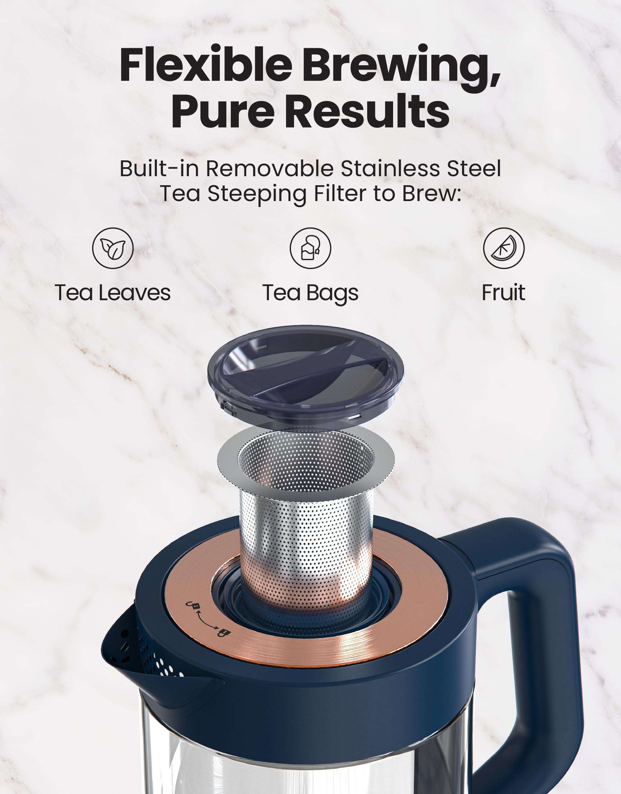 Vianté Electric Kettle With Infuser For Loose Leaf Tea. Hot Tea Maker With Temperature Control And Automatic Shut Off. Kettle With Brewing Programs. 1.5 Liters Capacity | Midnight Blue Color - Image 3