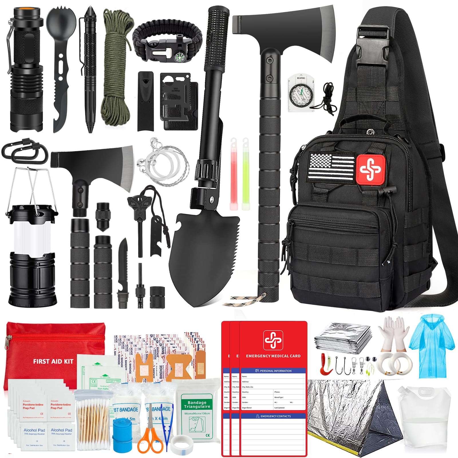 Survival Kit, 262Pcs Survival Gear and Supplies with First Aid Kit Pouch and Crossbody Bag, Emergency Kit with Tent, Camping Axe Hammer, Survival Shovel w/Pick, Bug Out Bag Gifts for Men Women - Image 1