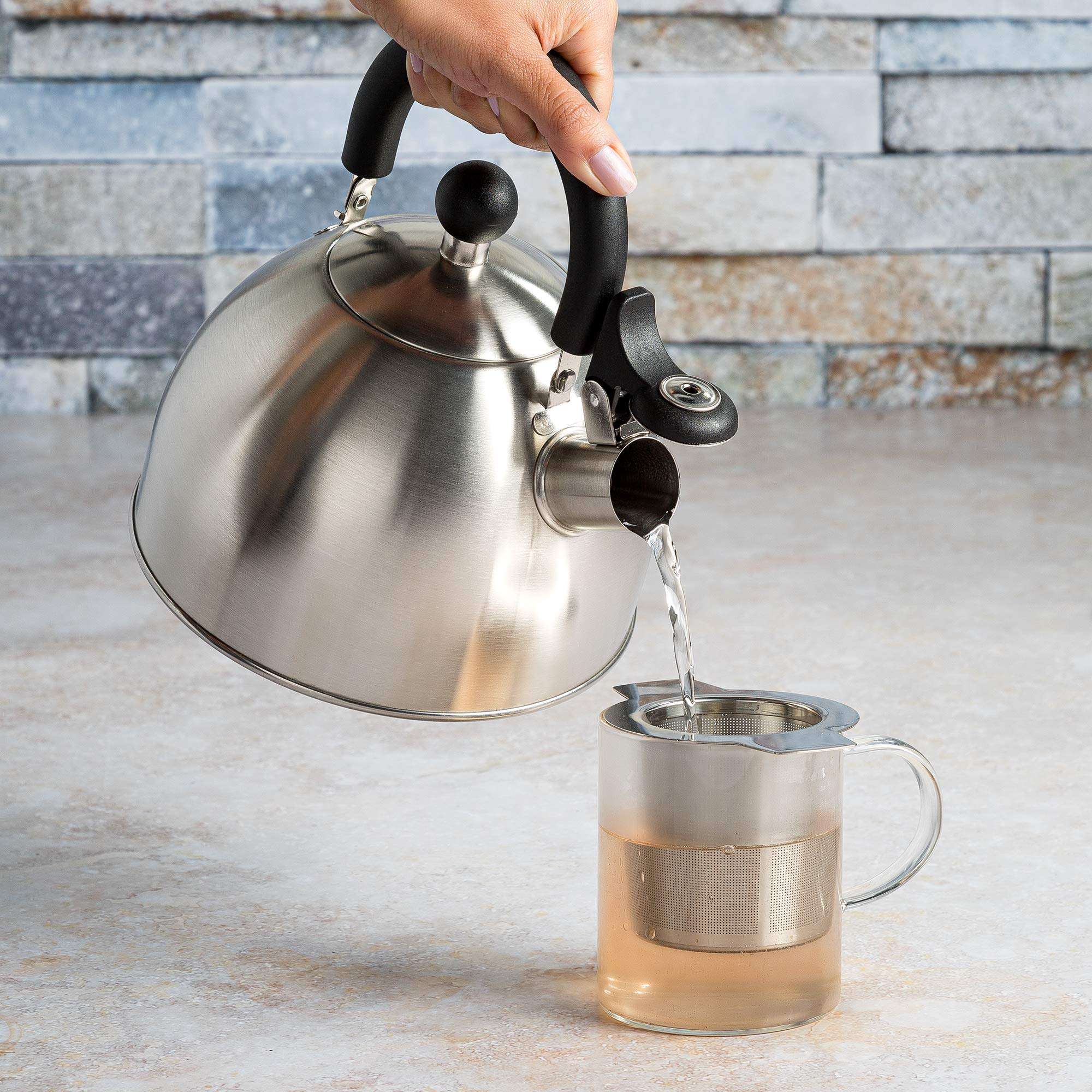 Primula Stewart Whistling Stovetop Tea Kettle Food Grade Stainless Steel, Hot Water Fast to Boil, Cool Touch Folding, 1.5-Quart, Brushed with Black Handle - Image 10