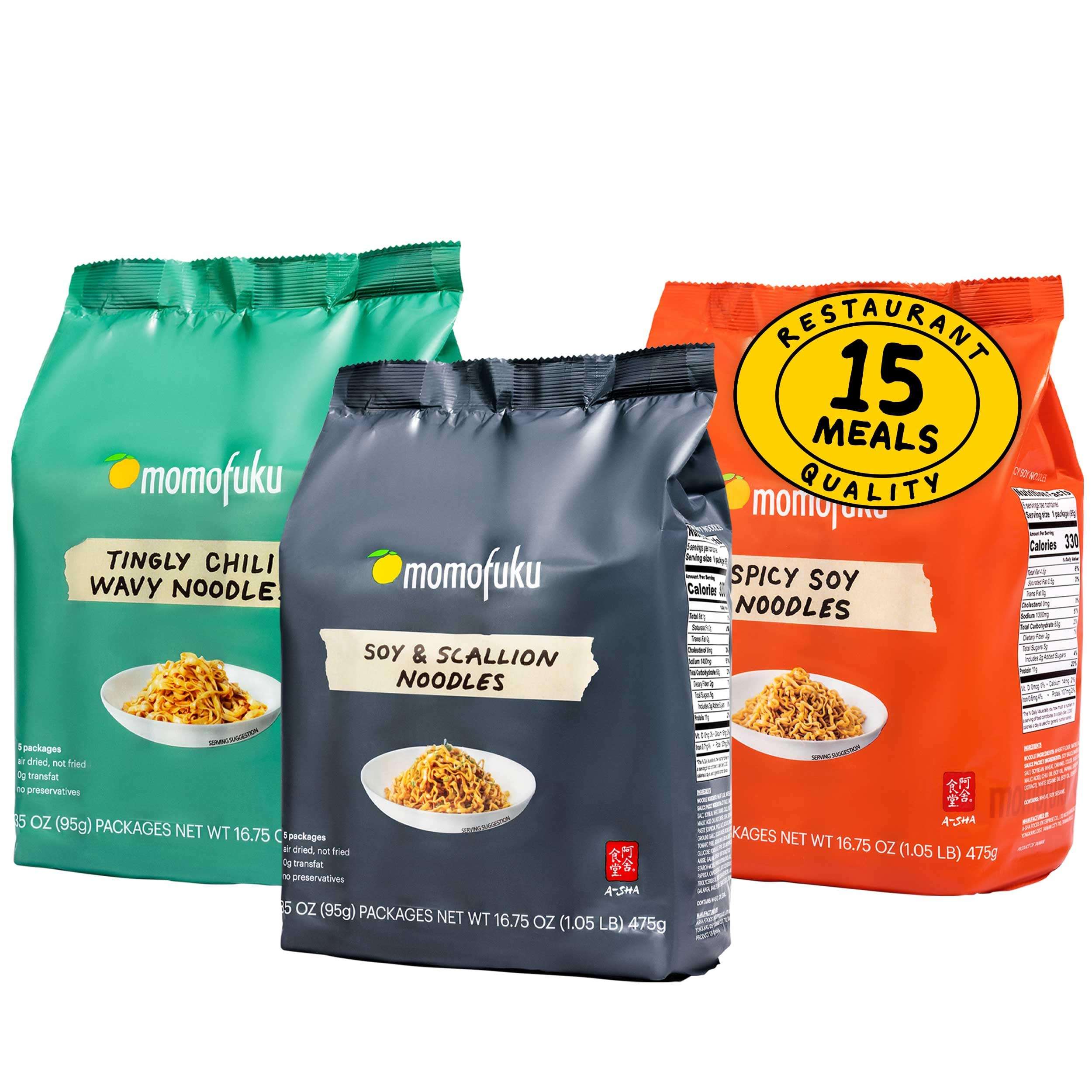 Momofuku Ramen Noodle Variety Pack by David Chang, 15 Meals (Pack of 3) Air-Dried Vegan Instant Noodles with Sauce - Image 1