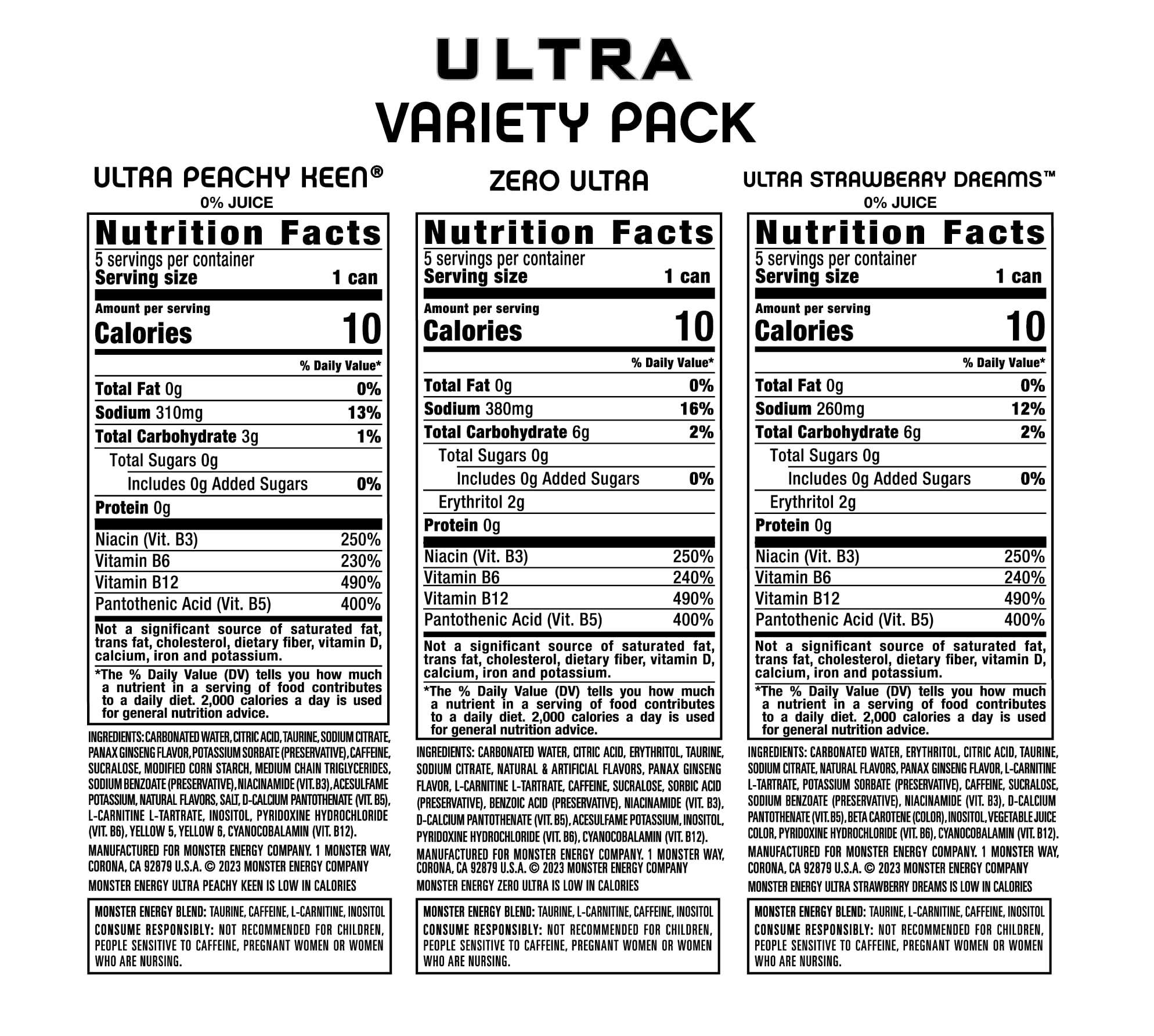 Monster Energy Ultra Variety Pack, Zero Ultra, Ultra Peachy Keen, Ultra Strawberry Dreams, Sugar Free Energy Drink, 16 Ounce (Pack of 15) - Image 2