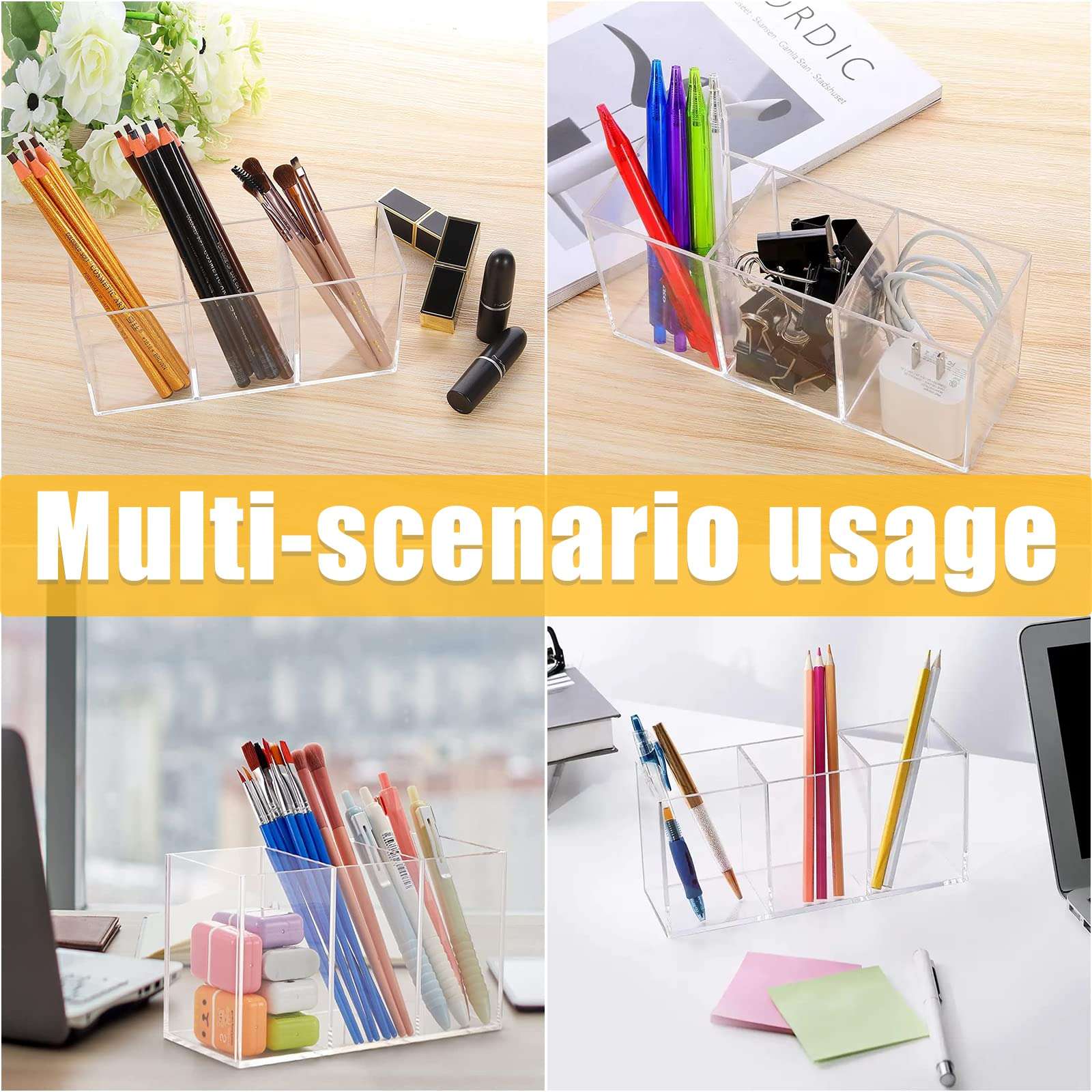 Cerpourt Clear Makeup Brush Organizer,Acrylic Cosmetic Brushes Storage Holder with 3 Slots,Pencil Pen Holder for Desk,Desk Organizer and Accessories for Vanity - Image 7