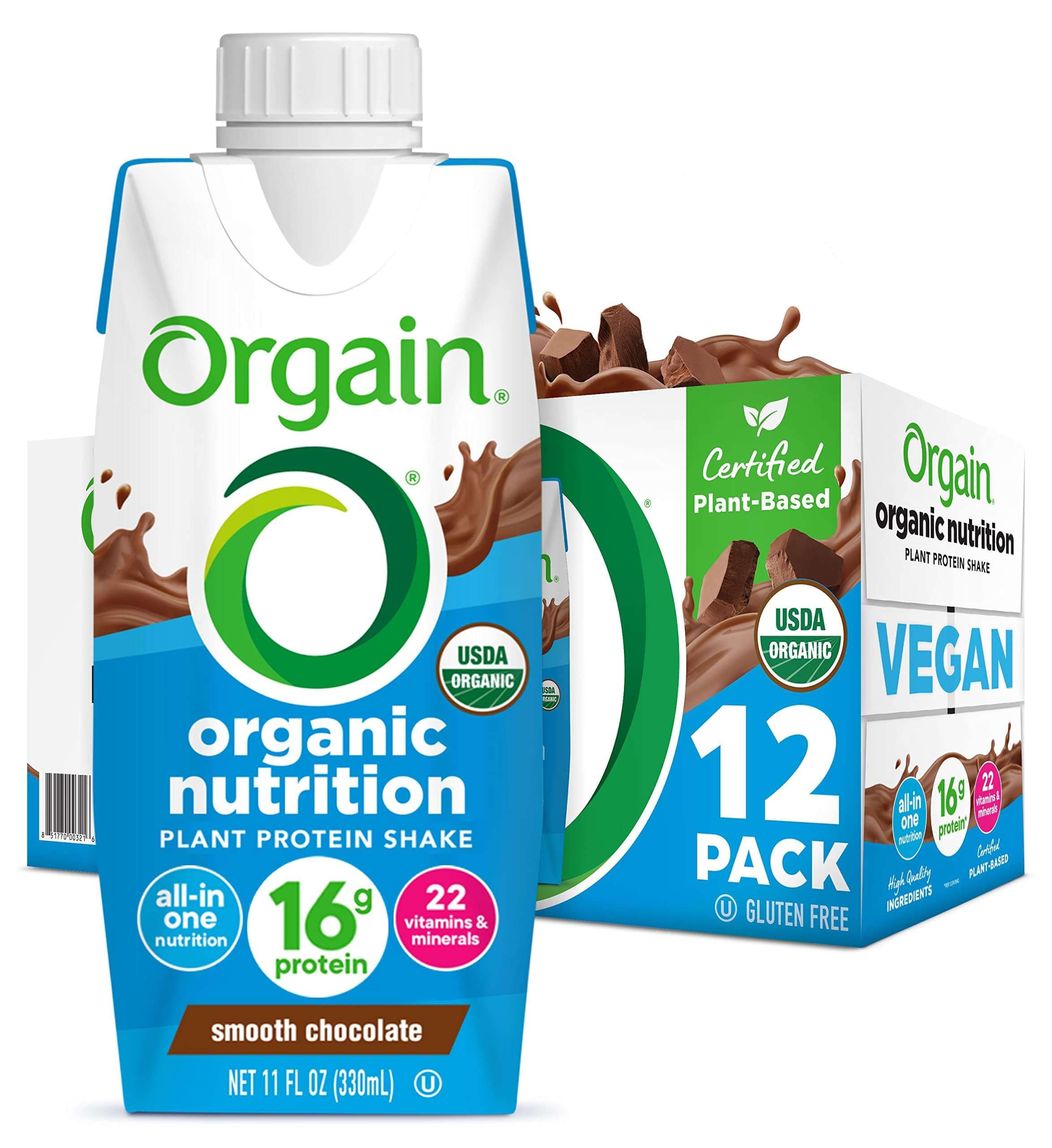 Orgain Organic Nutritional Vegan Protein Shake, Smooth Chocolate - 16g Plant Based Protein, Meal Replacement, 22 Vitamins & Minerals, Fruits & Vegetables, Gluten Free, Non-GMO, 11 Fl Oz (Pack of 12) - Image 1