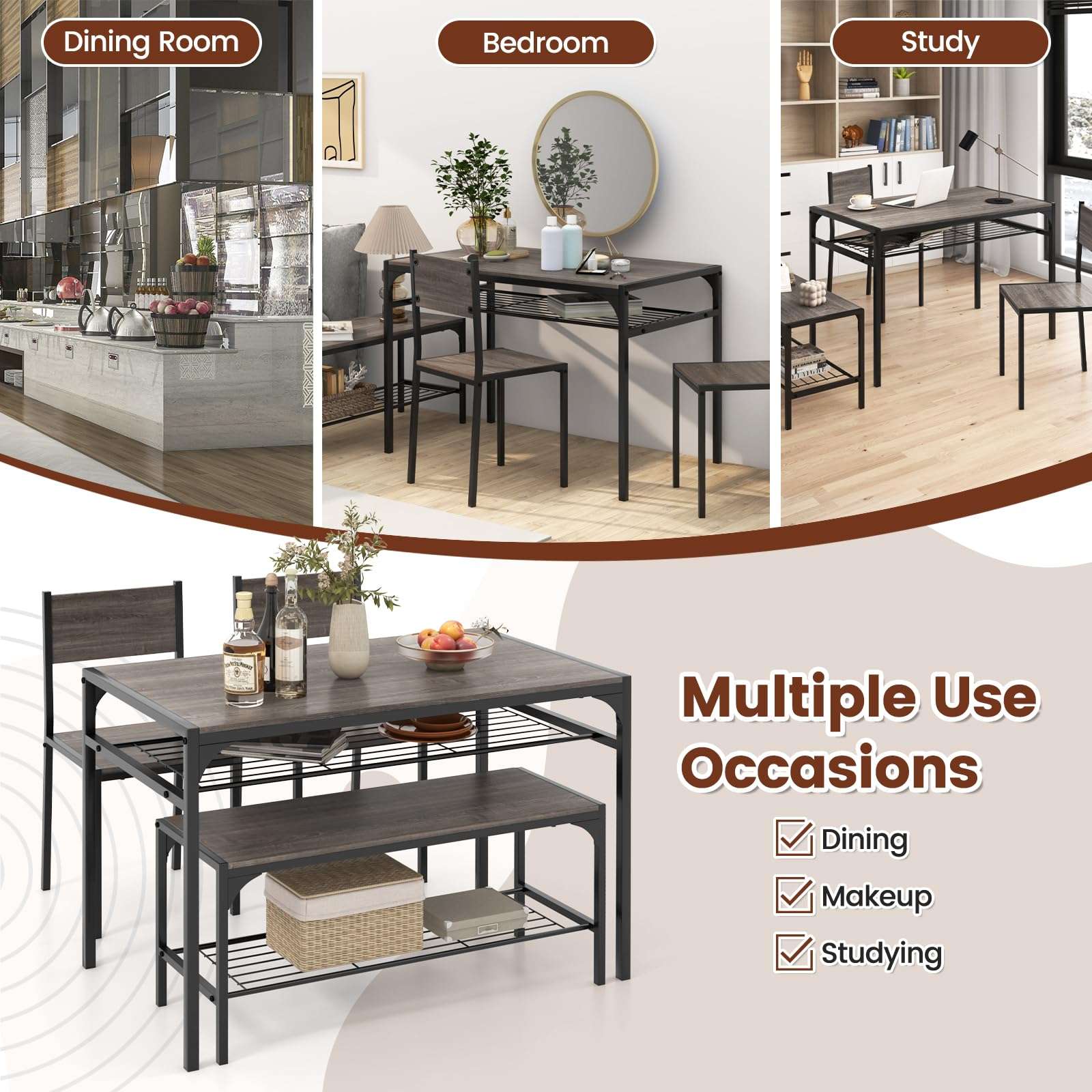COSTWAY 4 Pieces Dining Table Set, Kitchen Table and 2 Chairs for 4 with Bench, Storage Racks, Metal Frame & Space-saving Design, Industrial Kitchen Table Set for Small Space, Apartment (Black & Grey) - Image 9
