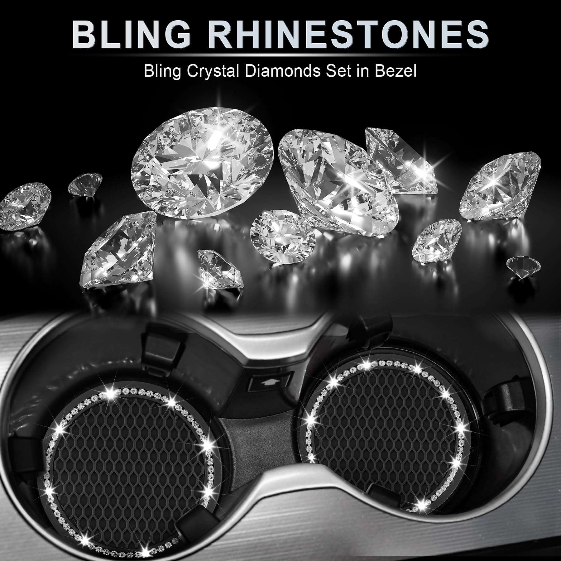 JUSTTOP Car Cup Holder Coaster, Insert 2 Pack Universal Auto Anti Slip, Bling Crystal Rhinestone Car Interior Accessories-Black - Image 6