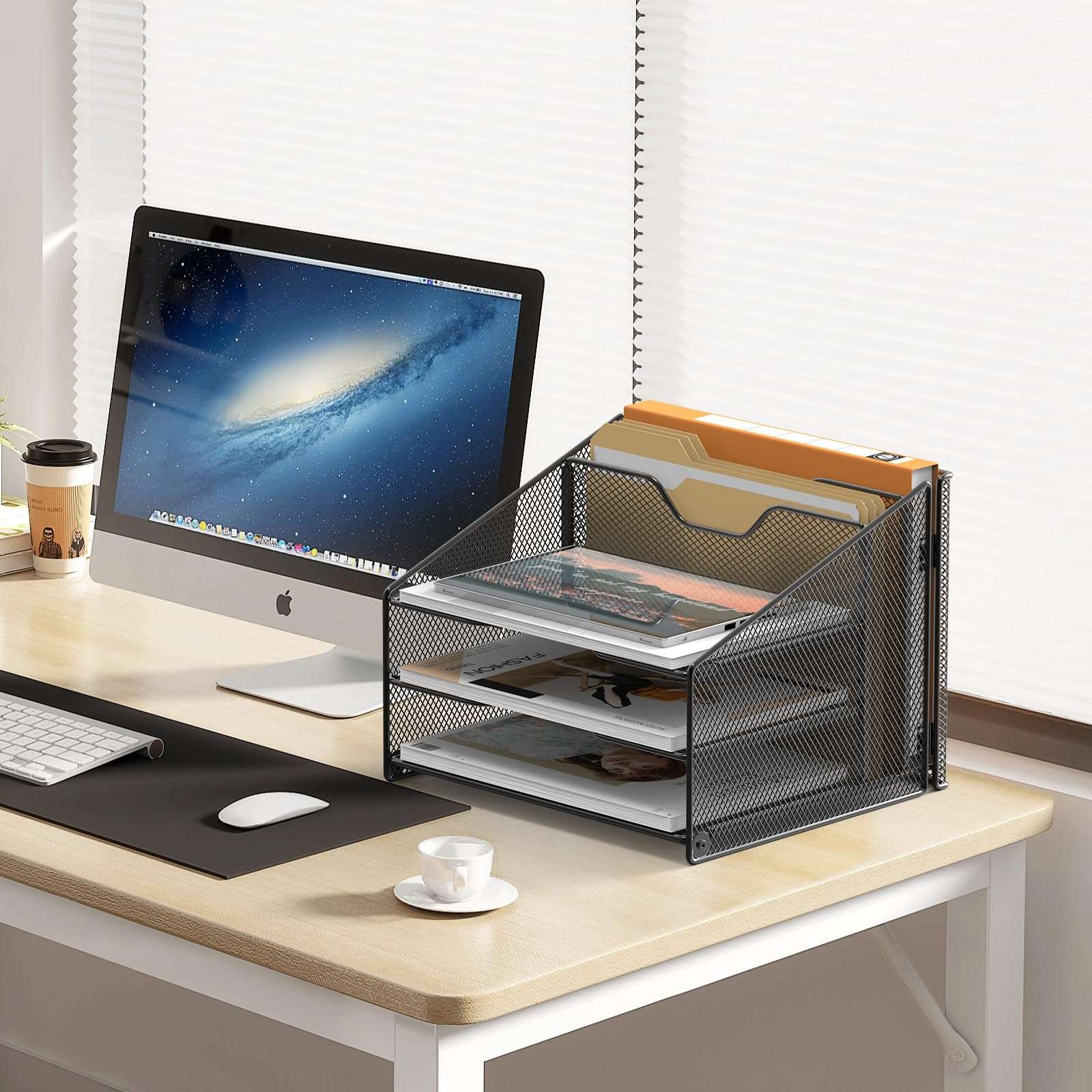 Samstar Desk File Organizer, Mesh Letter File Folder Holder with 3 Paper Trays and 2 Vertical Upright Section, for Office Supplies,Desk Accessories & Workspace,Black. - Image 2