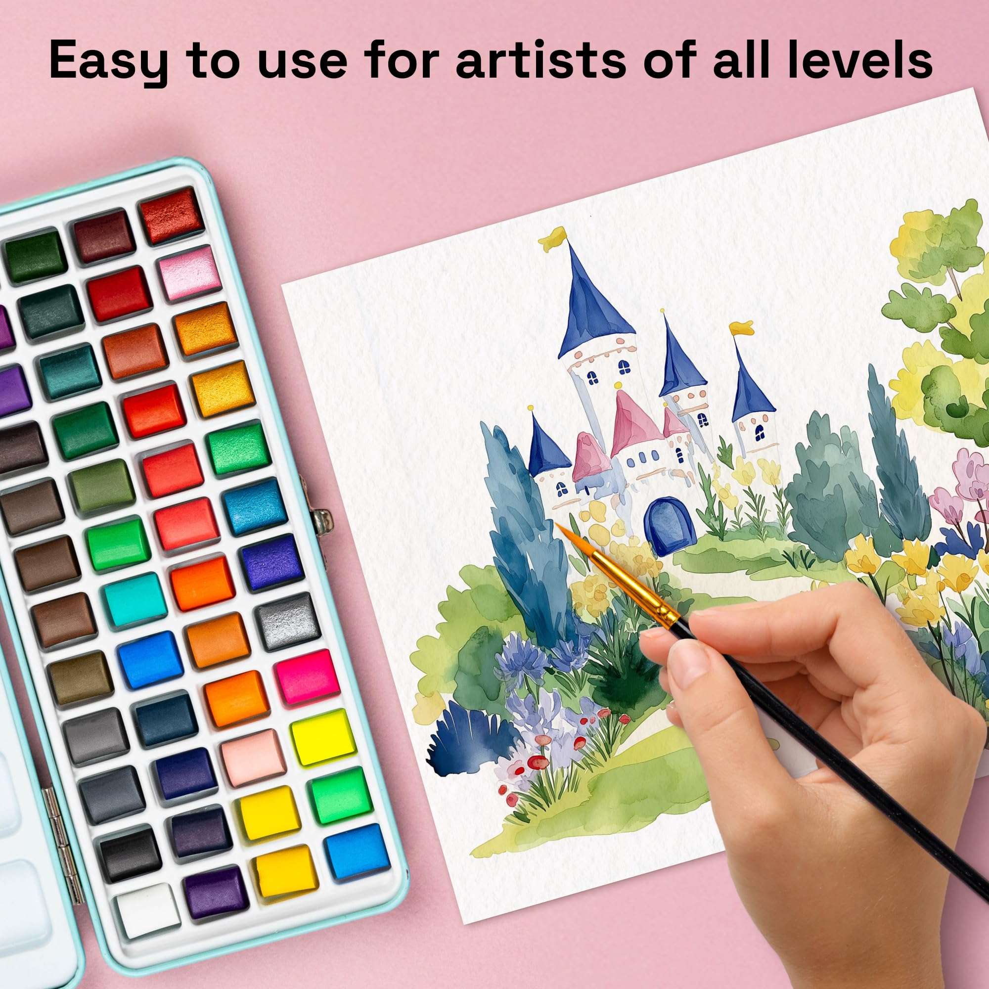 ARTISTRO Watercolor Paint Set Portable, Palette Set with Metallic Colors for Workbooks - Mini Travel Painting Kit for Artists, Professionals, Adults, Kids, Girls&Boys - Art Supplies, Christmas Gift - Image 4