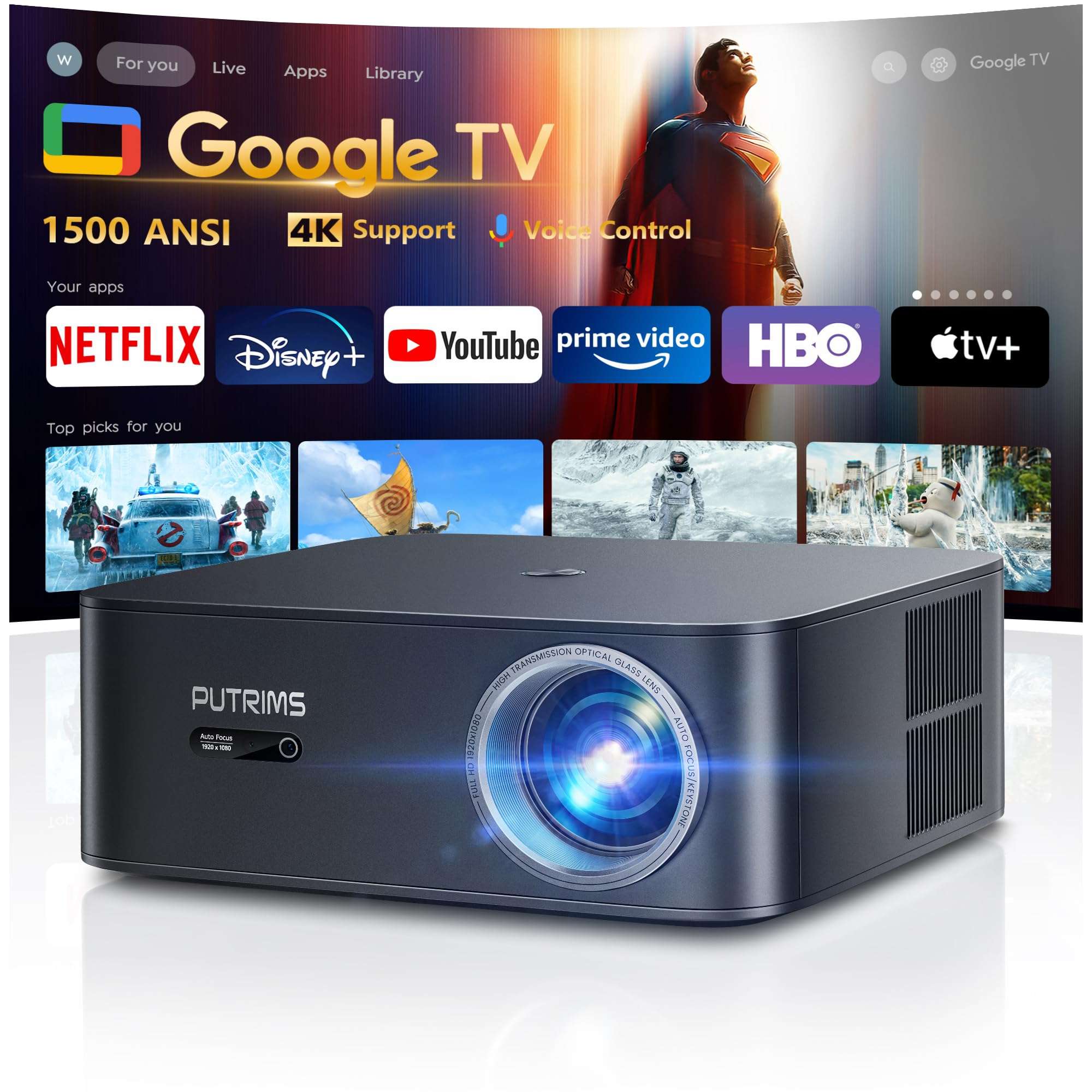 [1500 ANSI/Google TV/Voice Control]Smart Projector with WiFi 6 and Bluetooth, Netflix-Licensed 4K Support, Outdoor Movie Proyector, 1080P Home Ceiling Auto Focus Projector, PUTRIMS K12 Gray - Image 1