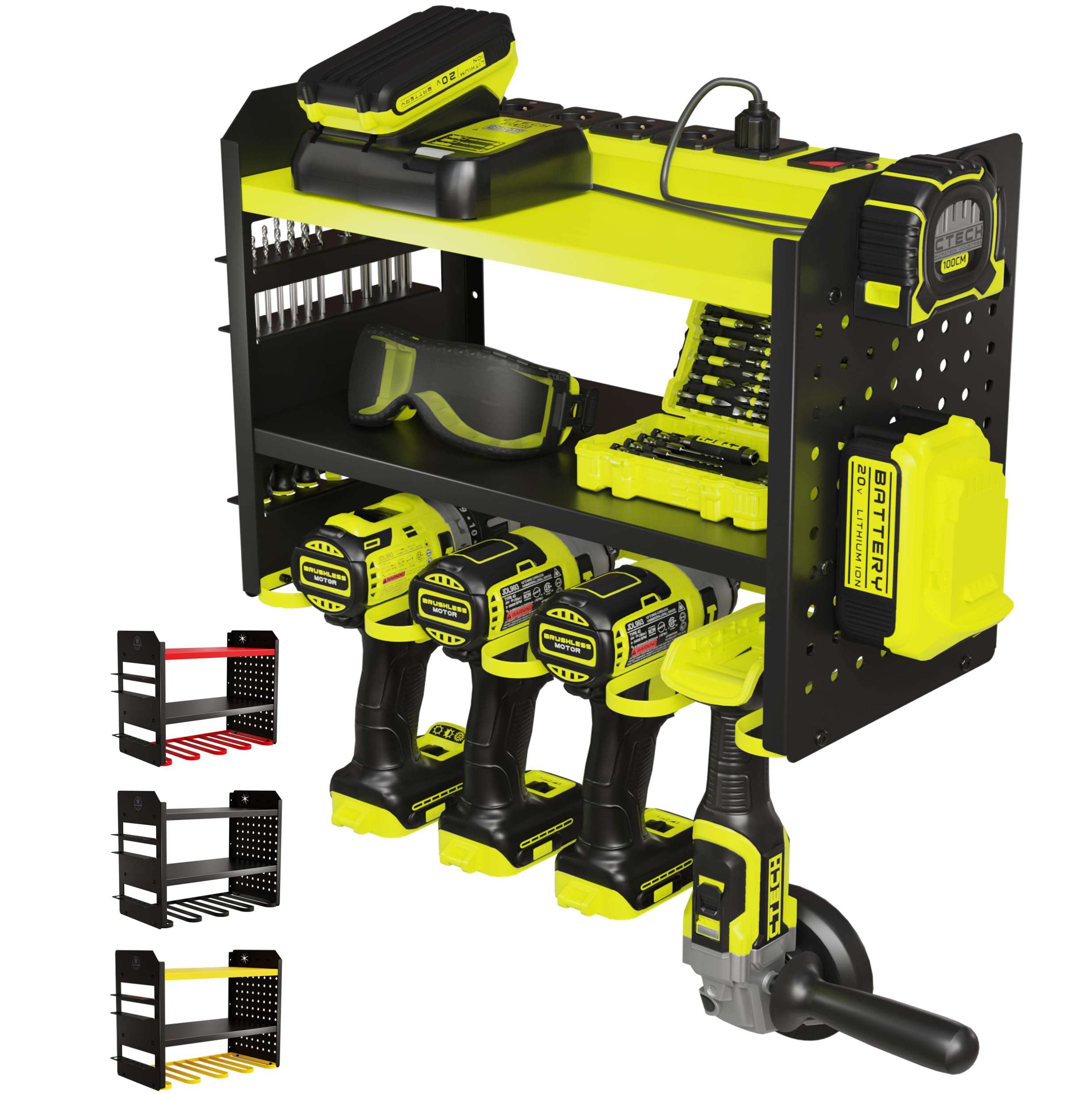 BUILTSTRONG Heavy-Duty Metal Tool Storage Rack - 3-Tier Wall Mount Organizer, Drill Holder, Utility Racks, PegBoard Side, Garage Storage (Green) - Image 1