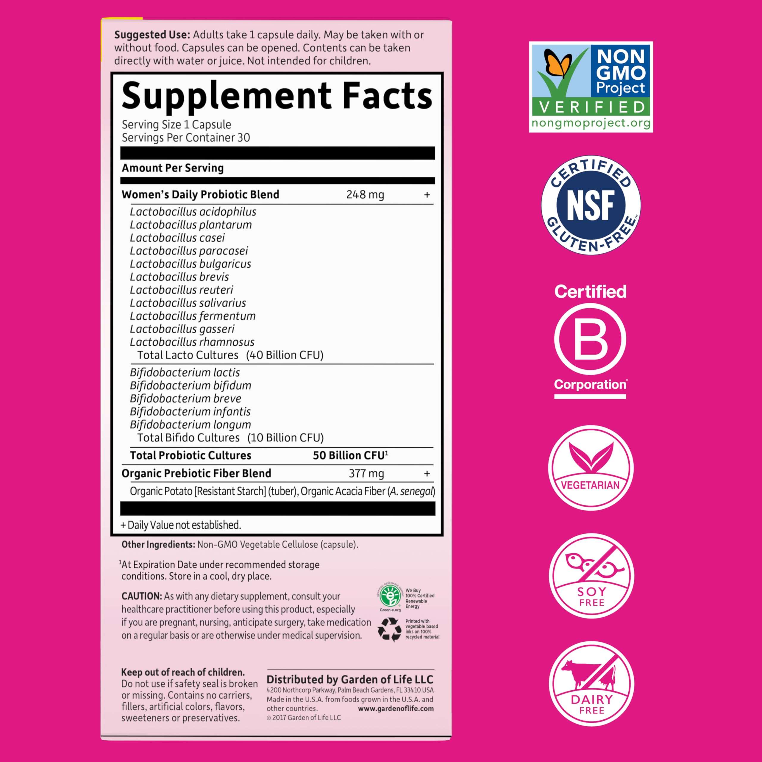Garden of Life Once Daily Dr. Formulated Probiotics for Women 50 Billion CFU 16 Probiotic Strains with Organic Prebiotics for Digestive, Vaginal & Immune Health, Dairy Free, Shelf Stable 30 Capsules - Image 5
