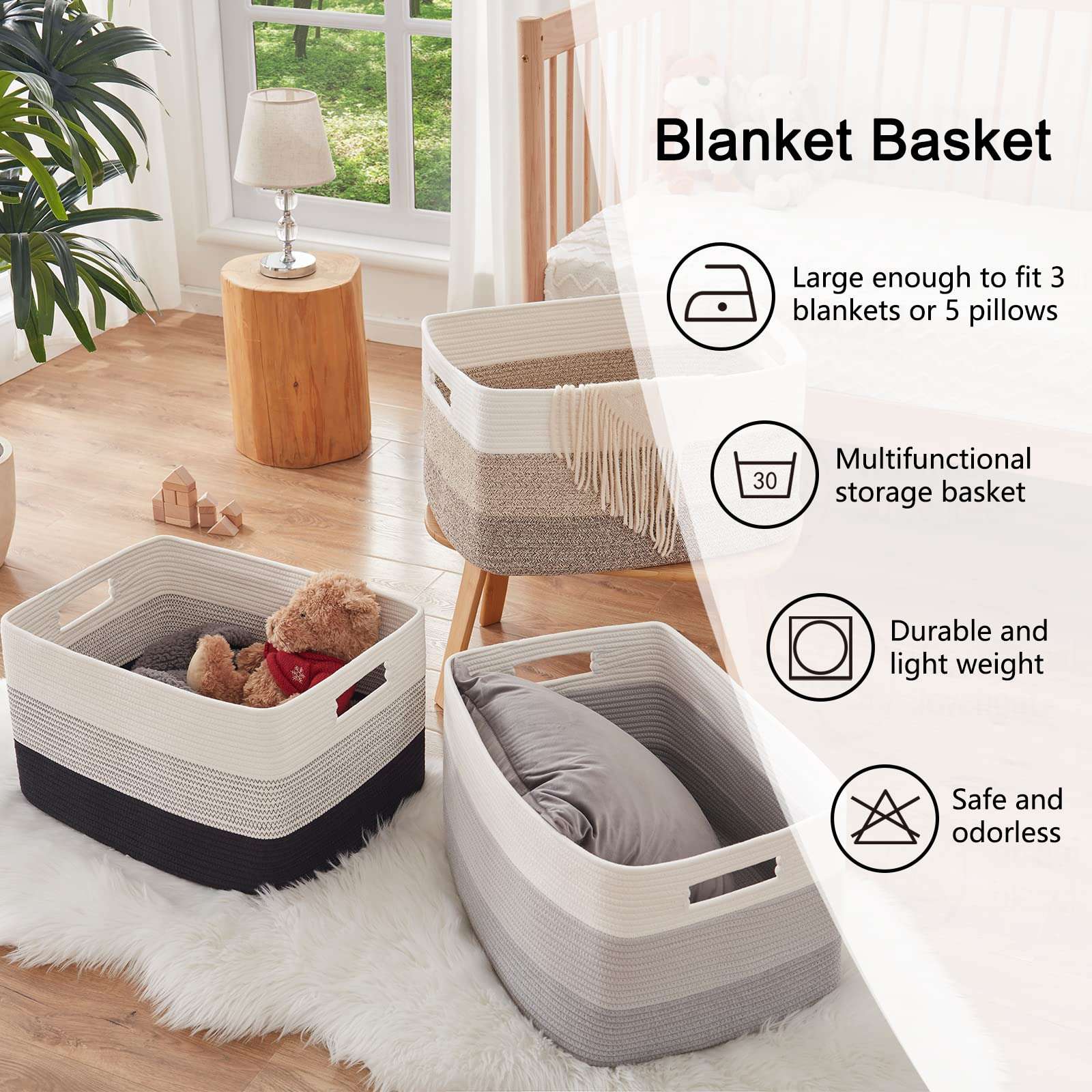 OIAHOMY Large Blanket Basket, 22”x17”x12” Rectangle Woven Baskets, Nursery Blanket Storage Living Room, Toy Storage With Handle, Large Baskets for Organizing-Gradient Yellow - Image 6