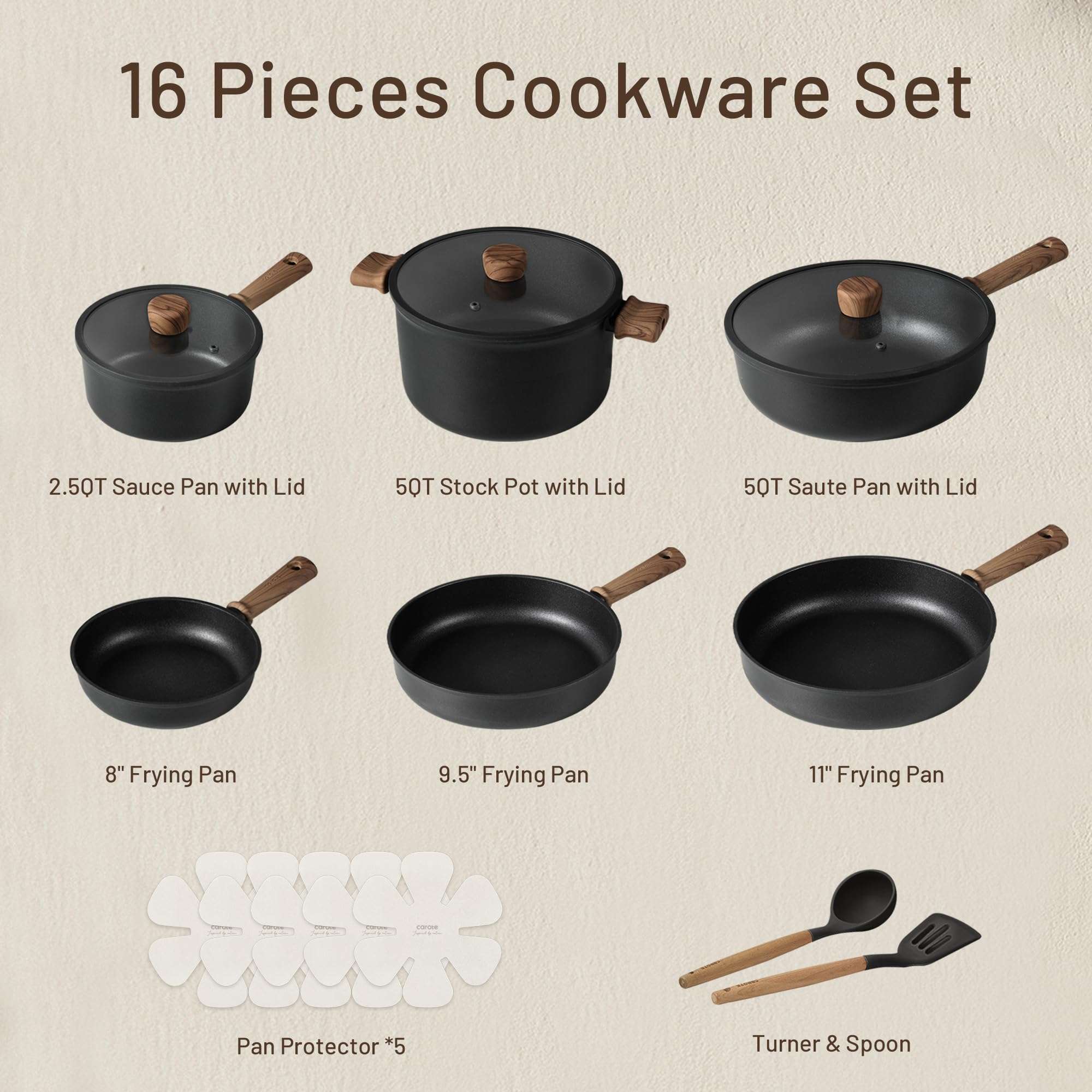 CAROTE Nonstick Pots and Pans, Induction Cookware Set 16pcs Kitchen Cooking Sets, Pot and Pan Non Stick w/Frying pan (PFOS, PFOA Free) - Image 3