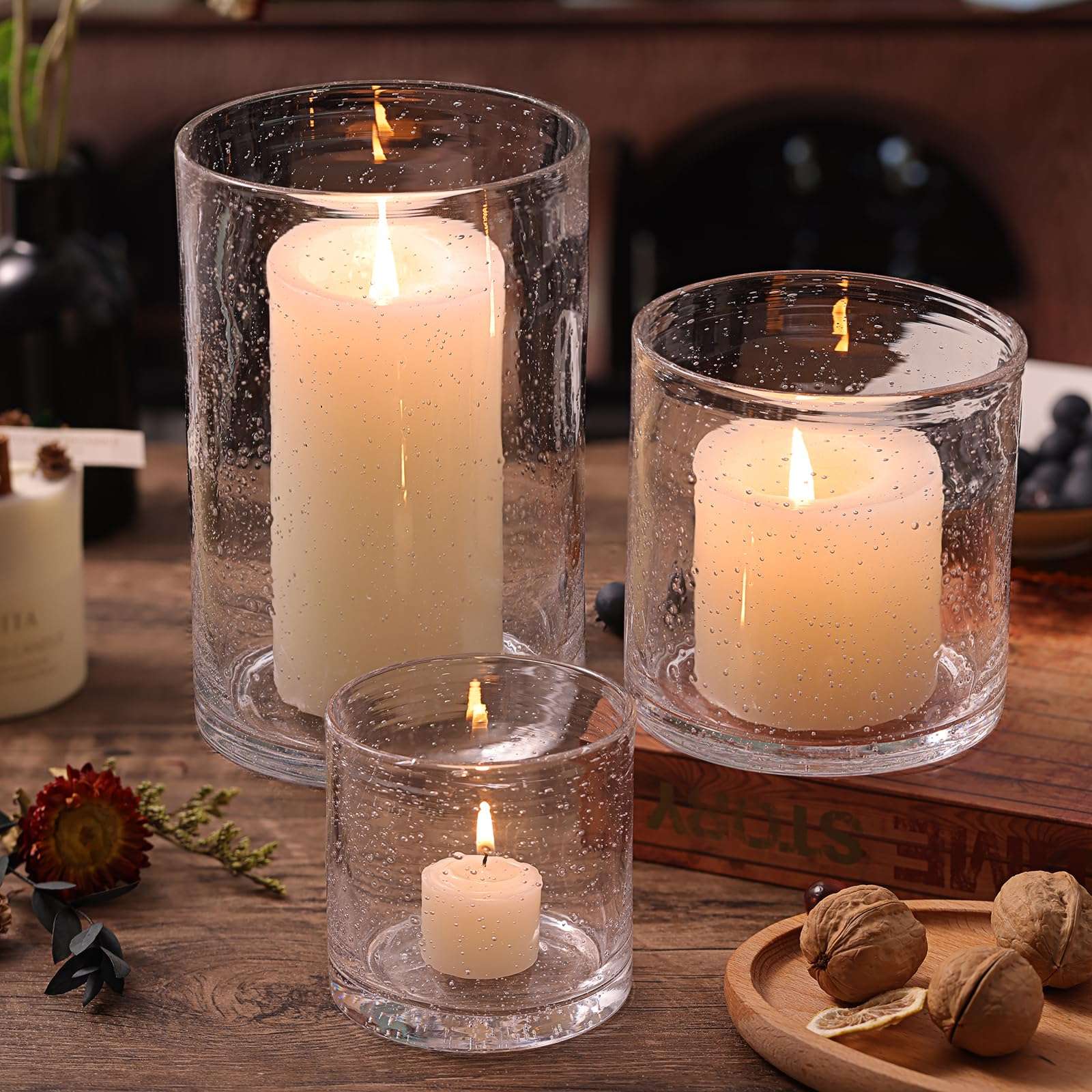 NITIME Hurricane Candle Holder Set of 3 Clear Candle Holders for Pillar Candles, Seeded Bubbles Glass Candle Holder for table centerpiece, Glass Cylinder Vases for Home, Patio and Wedding 8"4.7"3.5"H - Image 1