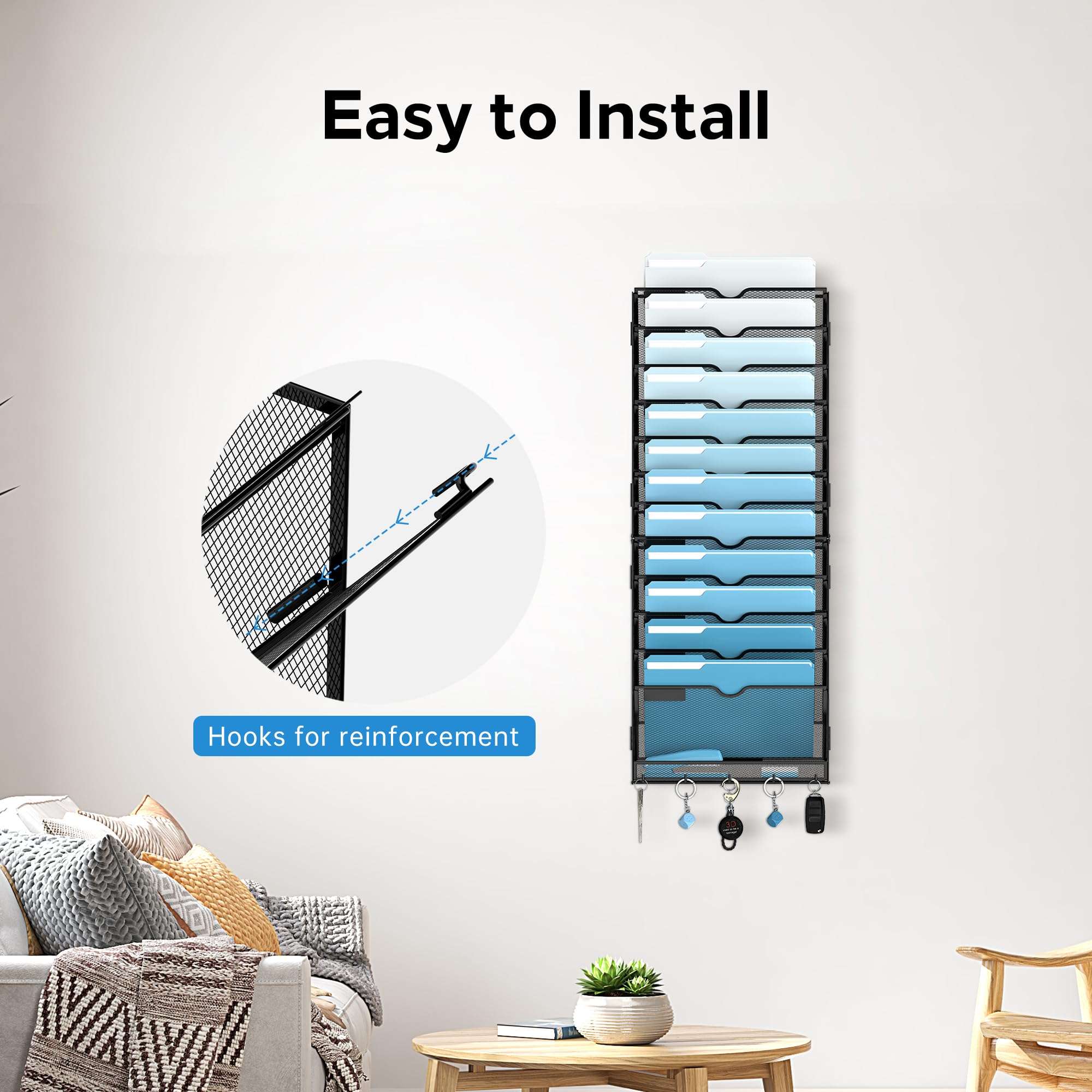 SUPEASY 13-Tier Wall File Holder Organizer with Hooks, Mesh Hanging File Organizer, Mail Organizer Wall Mounted for Papers, Folders, Office Magazine Rack, Assembly Needed, Black 2 pack - Image 5