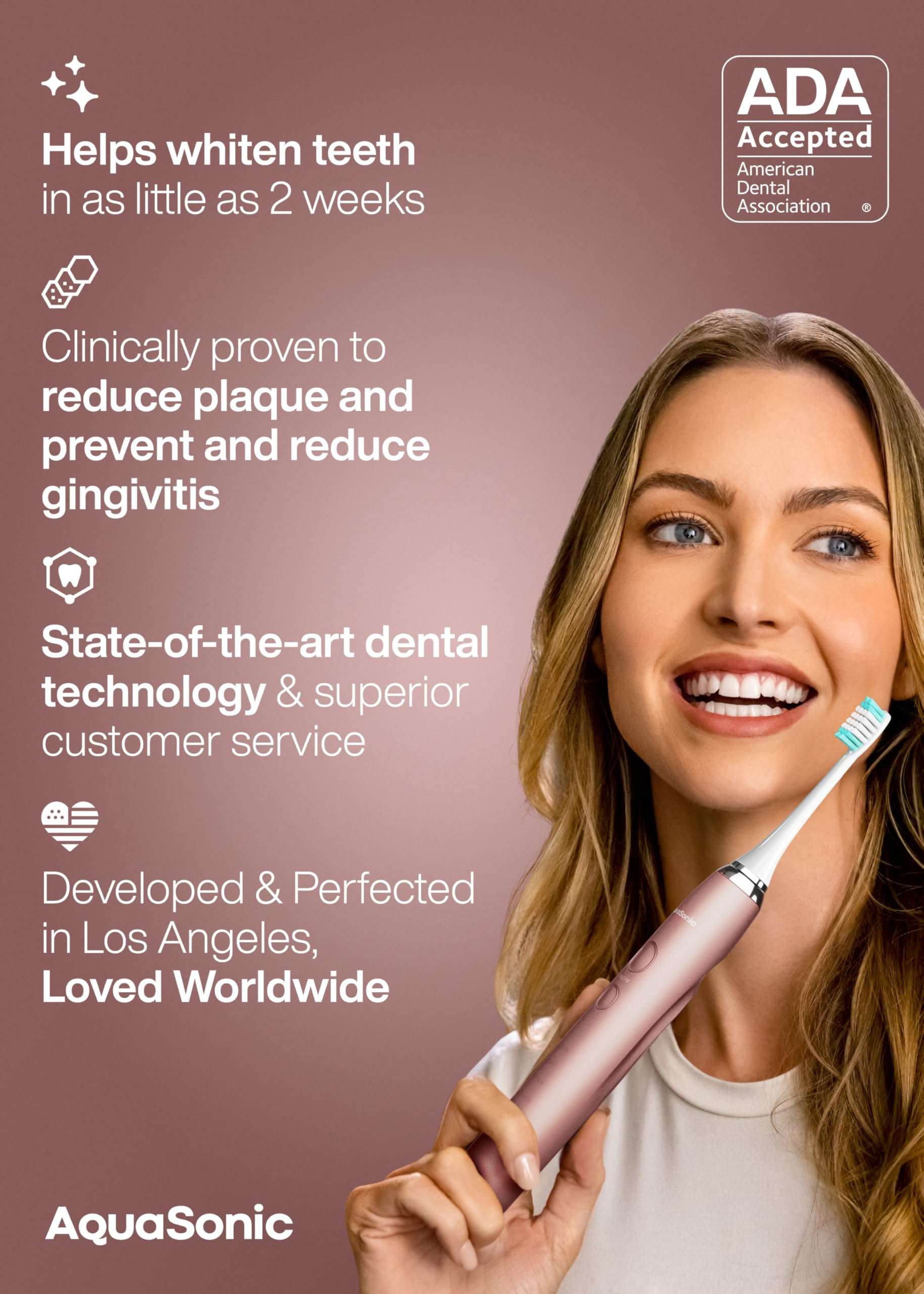 Aquasonic Vibe Series Ultra-Whitening Toothbrush – ADA Accepted Electric Toothbrush - 8 Brush Heads & Travel Case – 40,000 VPM Motor & Wireless Charging - 4 Modes w Smart Timer – Satin Rose Gold - Image 6