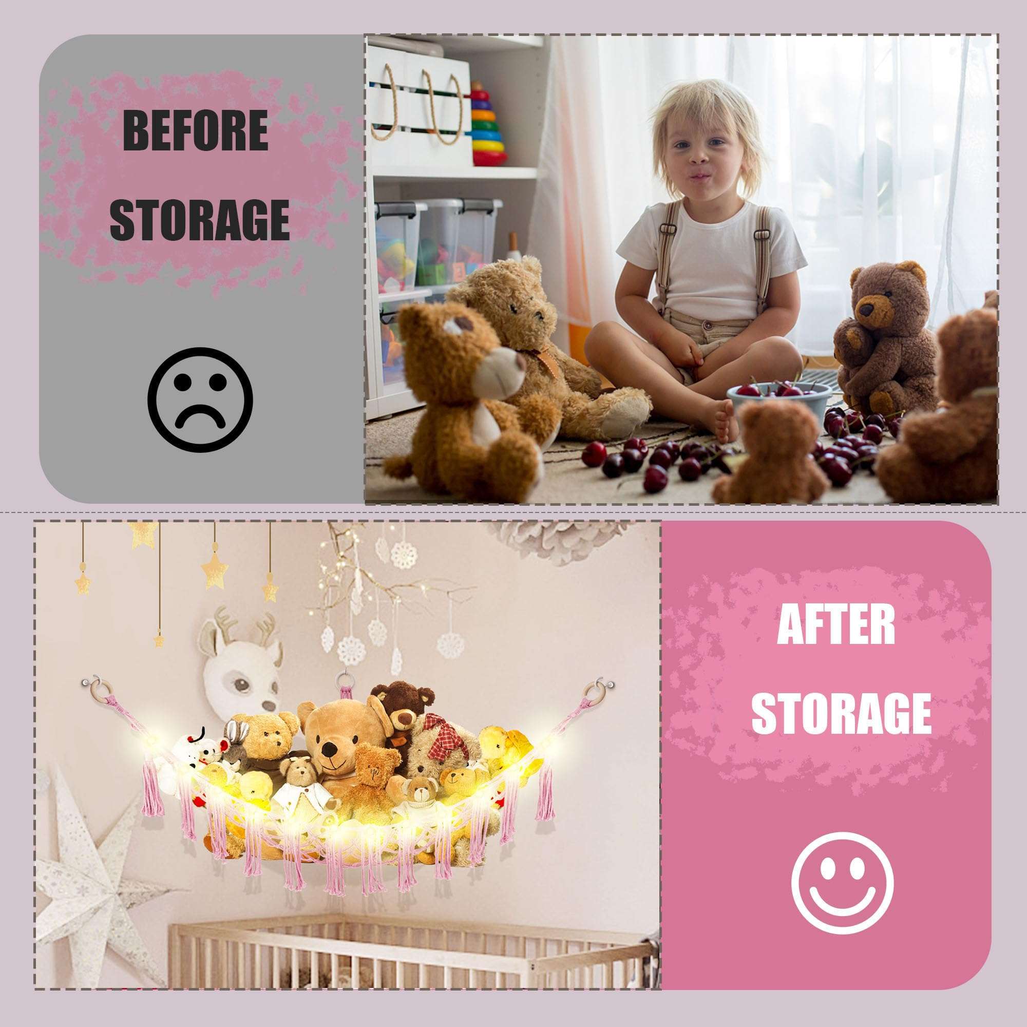 CERETIA Hammock for Stuffed Animals with LED Light, Kids Room Decor Corner, Pink - Image 5