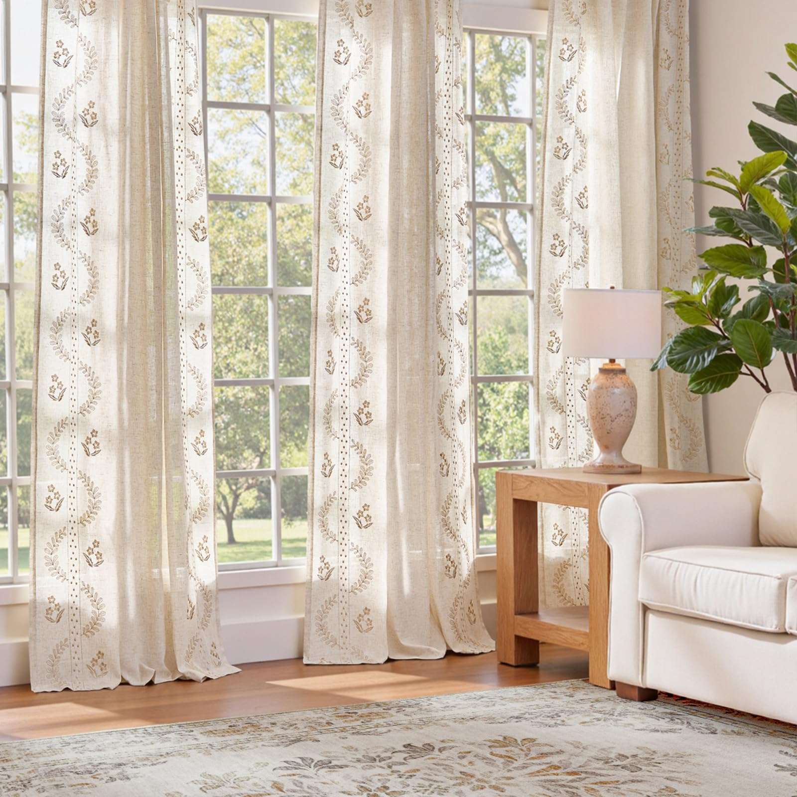 jinchan Belrose Linen Curtains for Bedroom Floral Curtains 84 Inch Length Linen Blend Beige Embroidered Drapes Farmhouse Flower Patterned Drapes for Living Room Window Treatments Set 2 Panels - Image 3